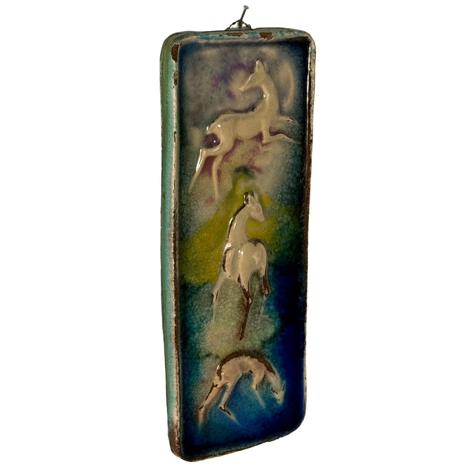 Approx. 1970's   Glazed Ceramic   Wall Plaque In Vibrant Colors   Depicting Three Deer