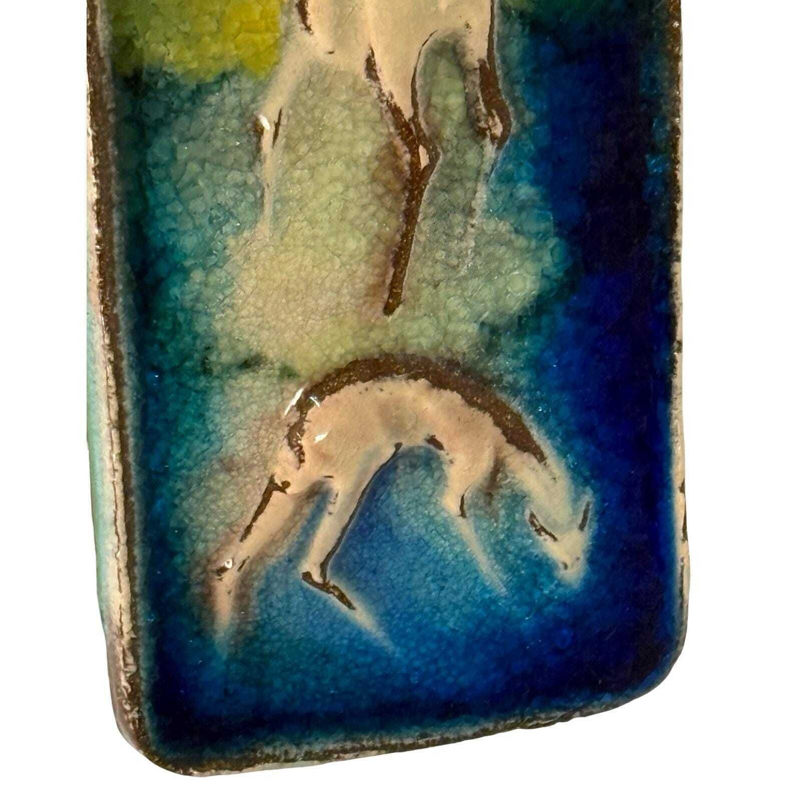 Approx. 1970's   Glazed Ceramic   Wall Plaque In Vibrant Colors   Depicting Three Deer photo for sale