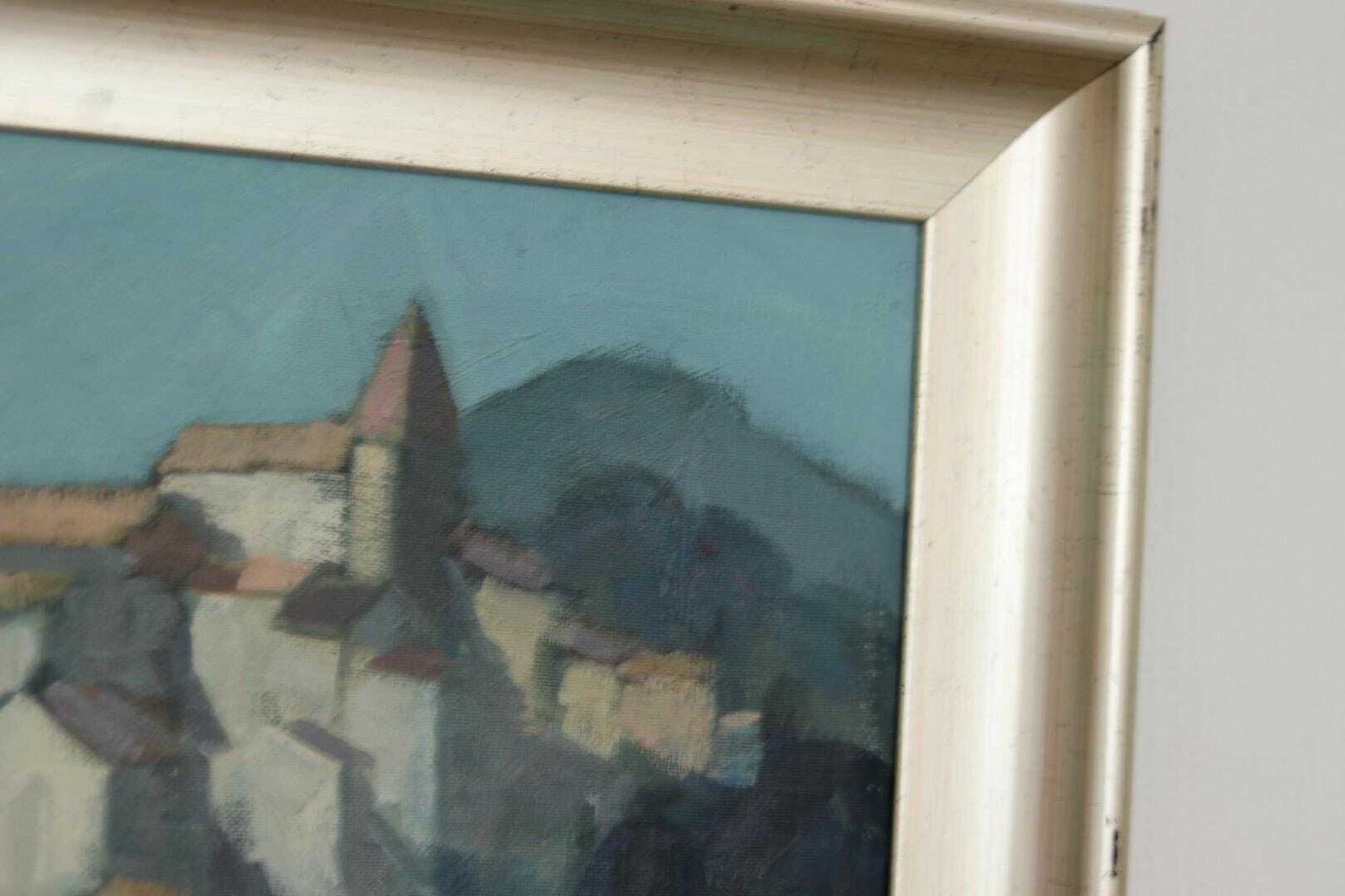 Original Mid Century Swedish Oil On Canvas – “Village Motif” By Bengt Hillgrund – Vintage & Framed 42.5 × 53 Cm (16.7" × 20.9") photo vintage