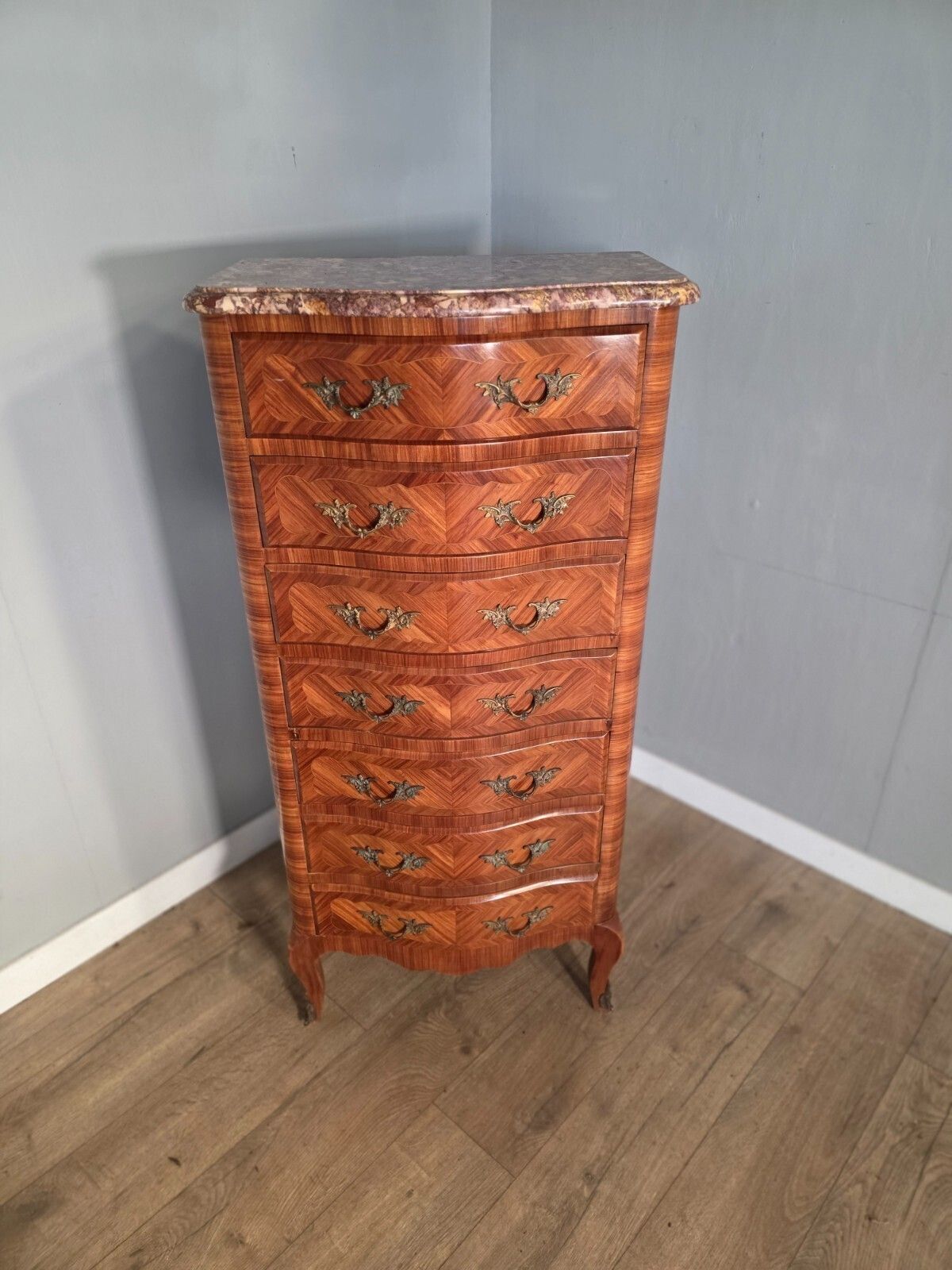 Antique French Inlaid Marble Top 7 Drawer Chest 1930s
