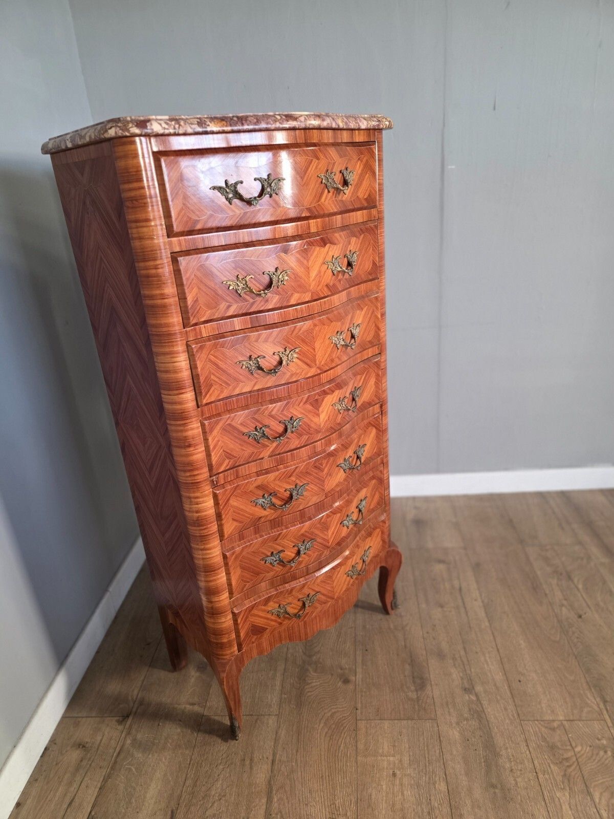 Antique French Inlaid Marble Top 7 Drawer Chest 1930s photo for sale