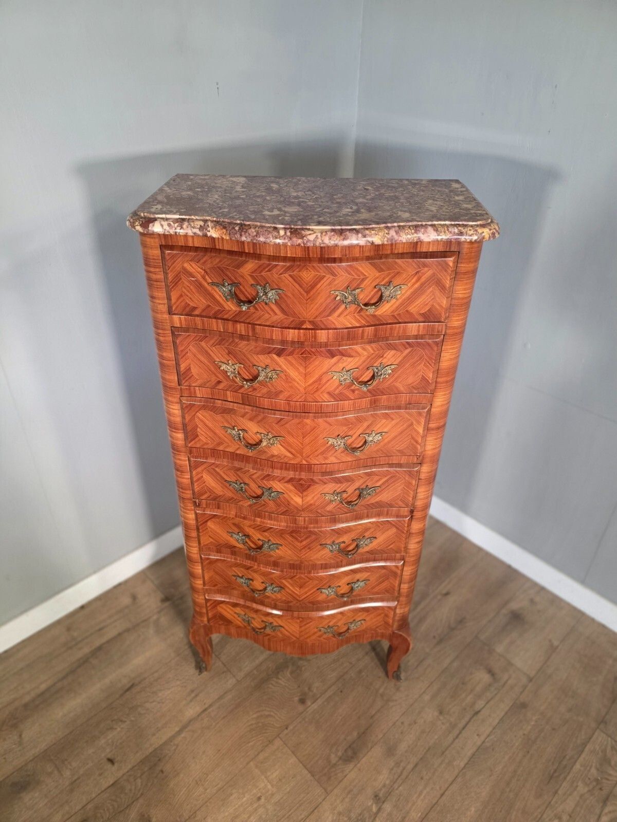 Antique French Inlaid Marble Top 7 Drawer Chest 1930s photo 895.0