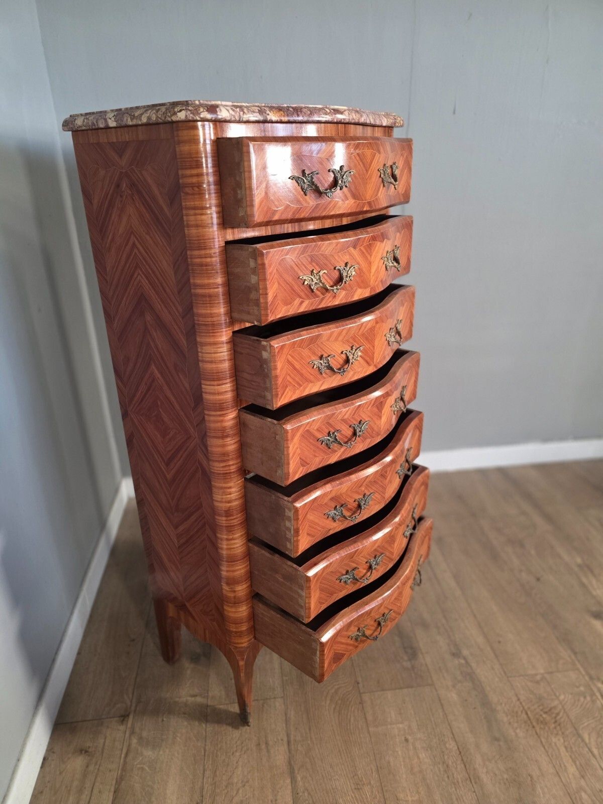 Antique French Inlaid Marble Top 7 Drawer Chest 1930s photo vintage