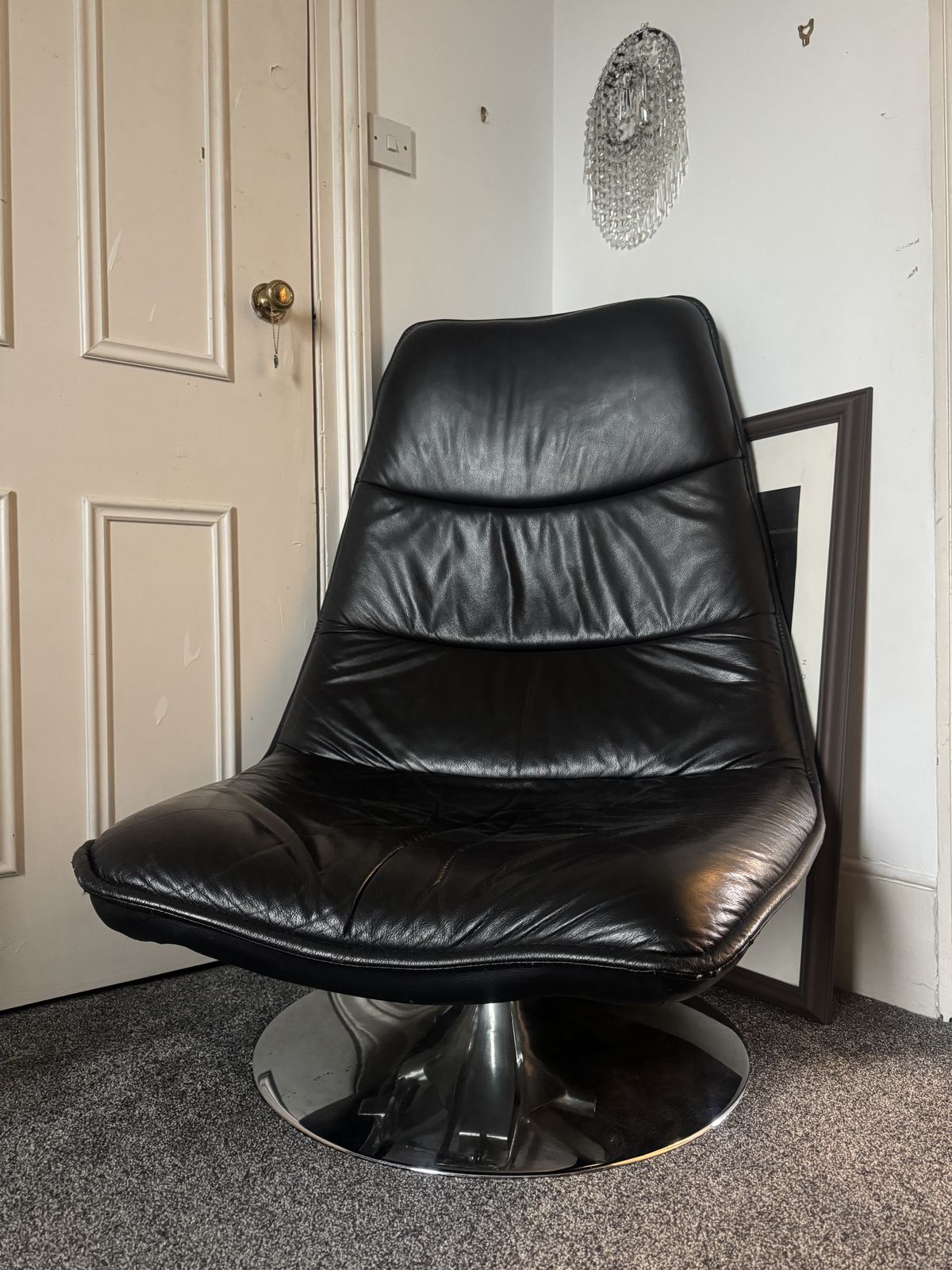 Vintage Italian Leather Swivel Chair 1970s Chrome Silver Base Black photo Furniture