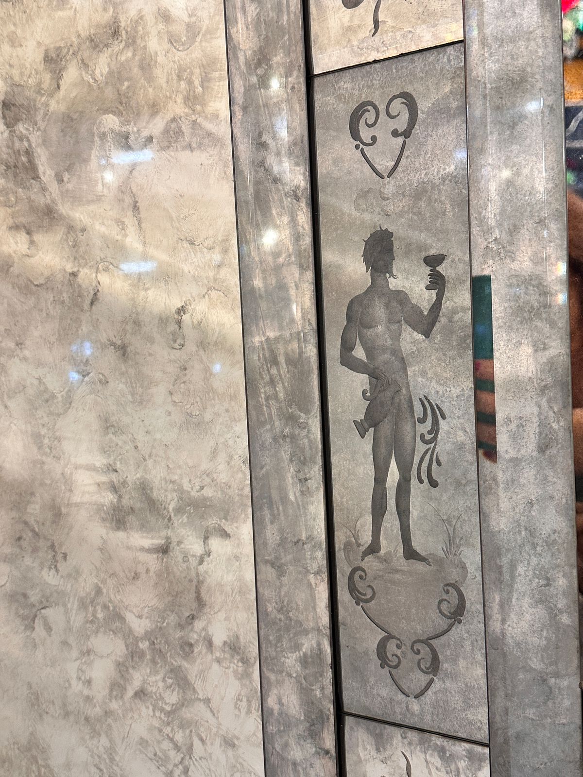 Venetian Mythological Hand Carving Baccus Figures In Antiqued Mirror photo vinterior