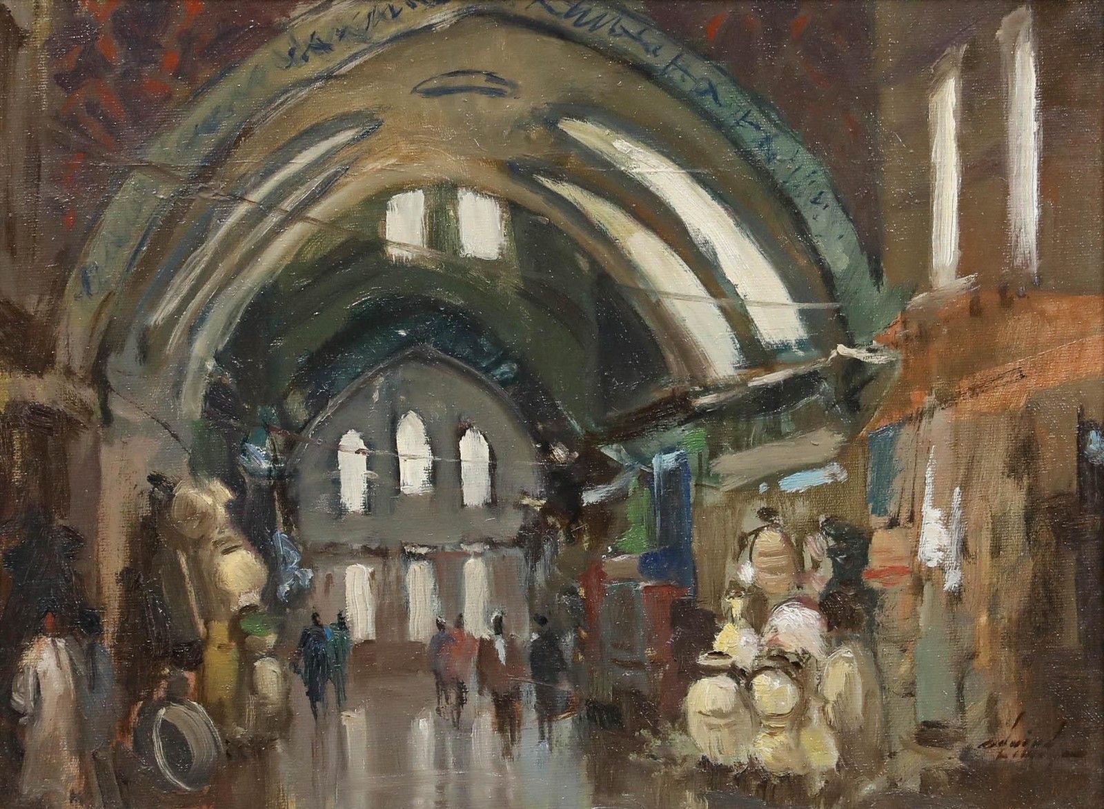 Framed 20th Century Oil The Old Market Bazaar, Istanbul photo furniture
