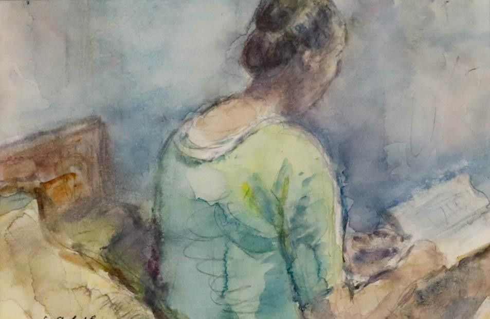 Simon Goldberg (1913 1985) Framed 20th Century Watercolour, Bedtime Reading photo furniture