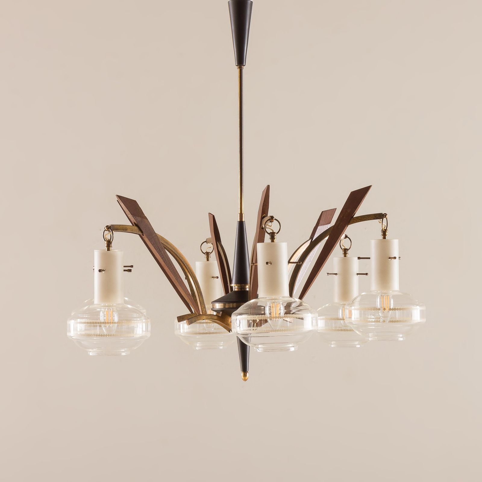 Itailan Mid Century Murano Glass And Teak Chandelier Attr. To Stilnovo, 1960s photo furniture