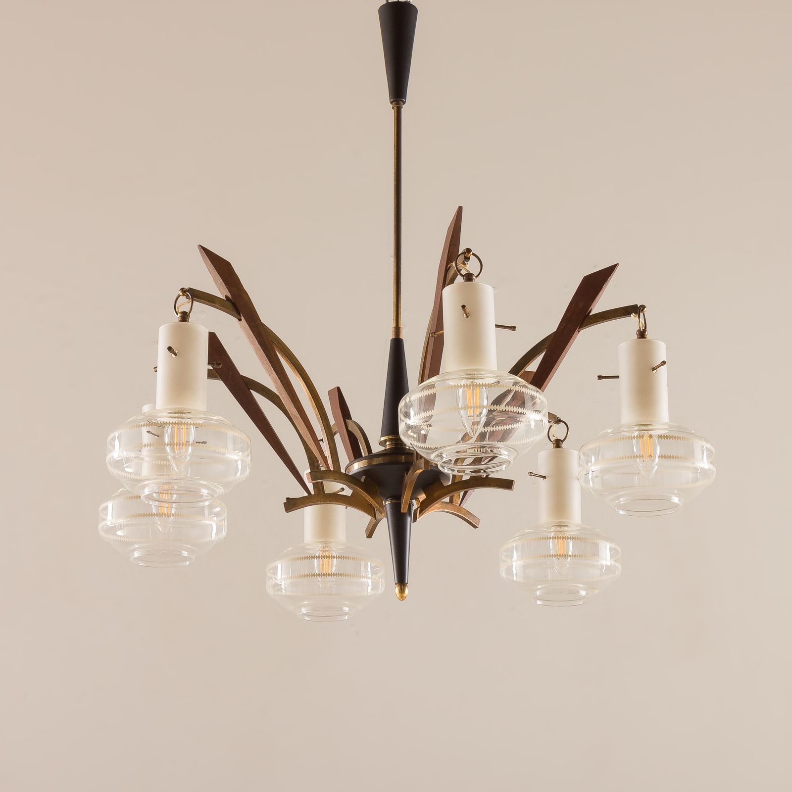 Itailan Mid Century Murano Glass And Teak Chandelier Attr. To Stilnovo, 1960s photo Lighting