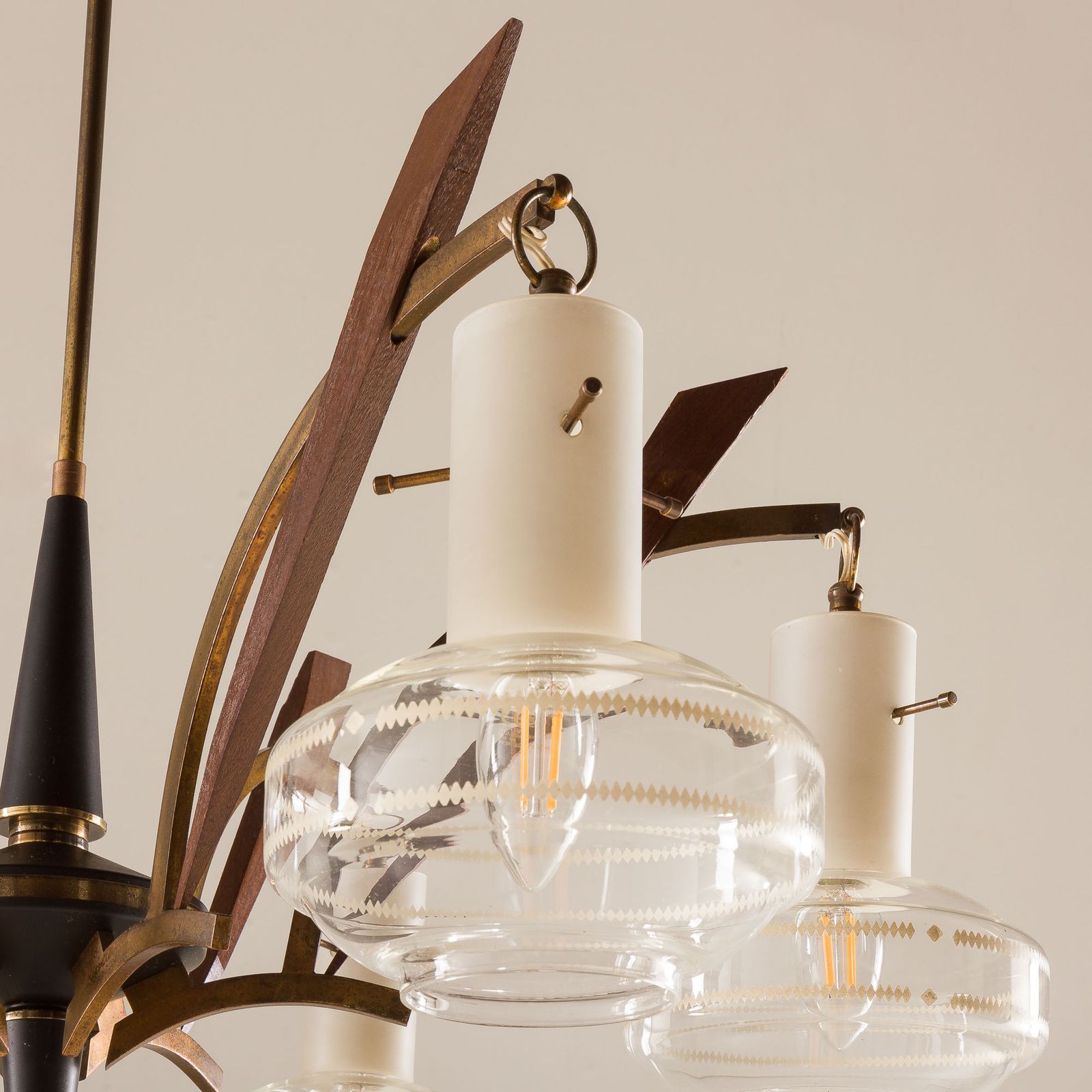 Itailan Mid Century Murano Glass And Teak Chandelier Attr. To Stilnovo, 1960s photo vintage