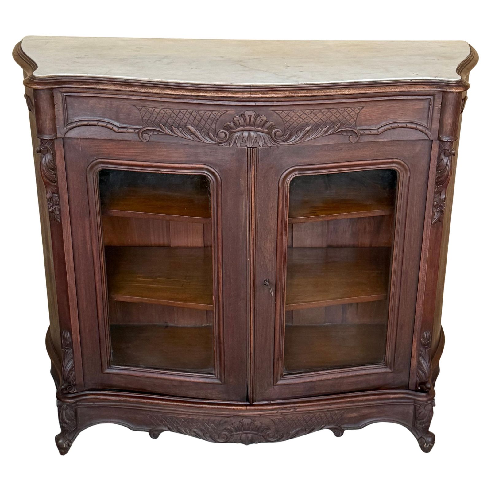 Buffet de style Louis XV en bois de cerisier, 2 portes vitrées, tiroir et plateau en marbre, fin du XIXe siècle photo furniture