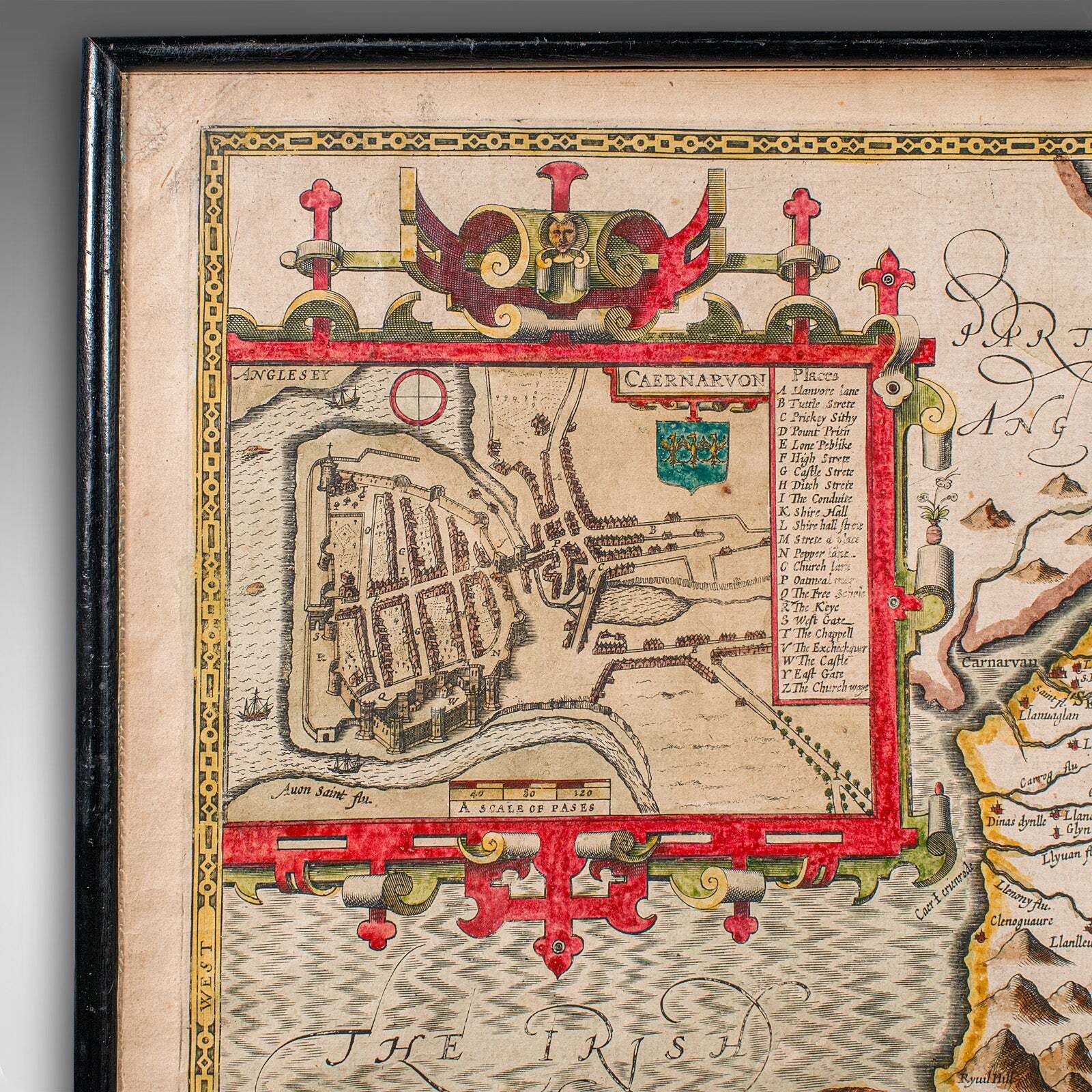 Antique Caernarvon Map, Framed Cartography, Welsh County, John Speed, Circa 1610 photo buy