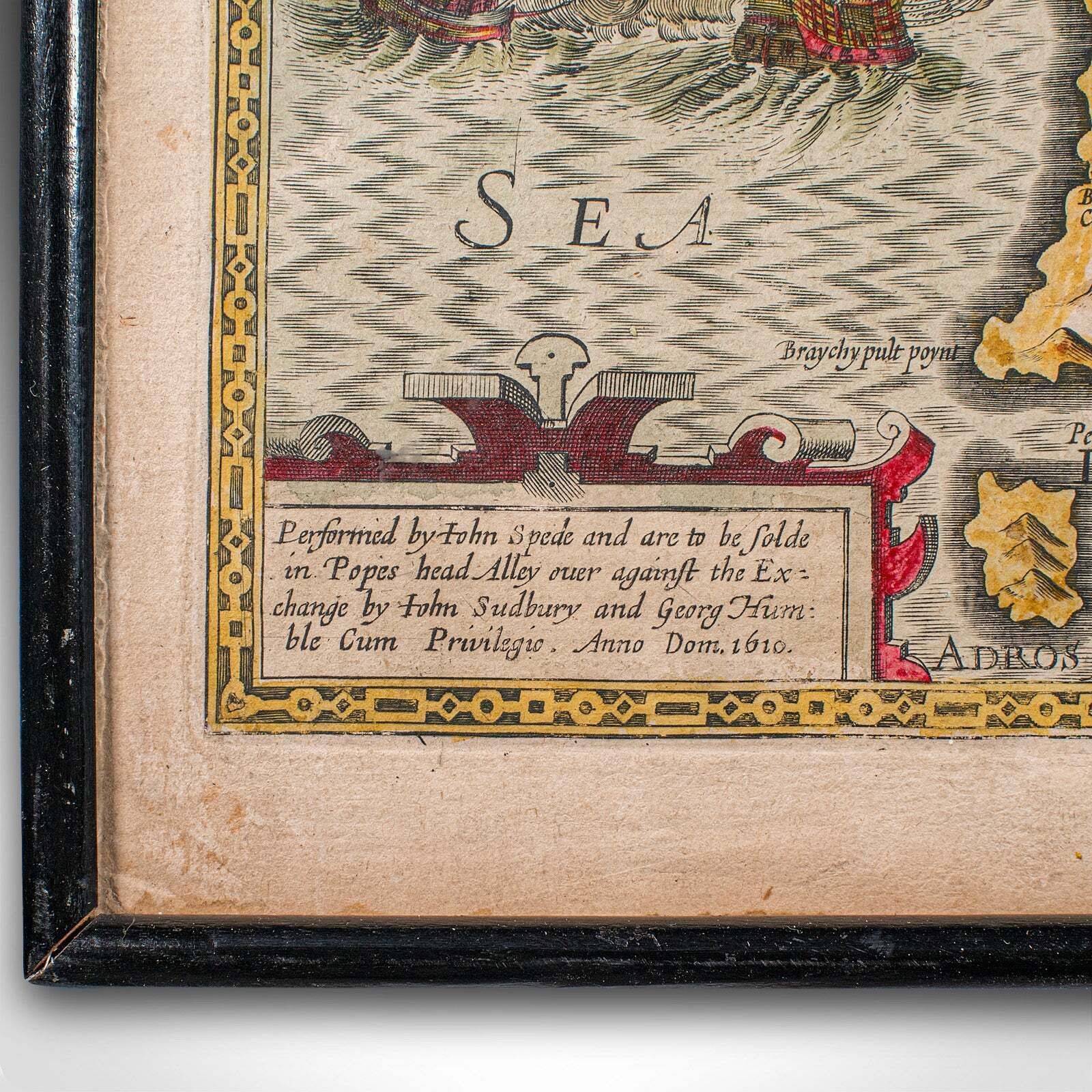 photo furniture Antique Caernarvon Map, Framed Cartography, Welsh County, John Speed, Circa 1610