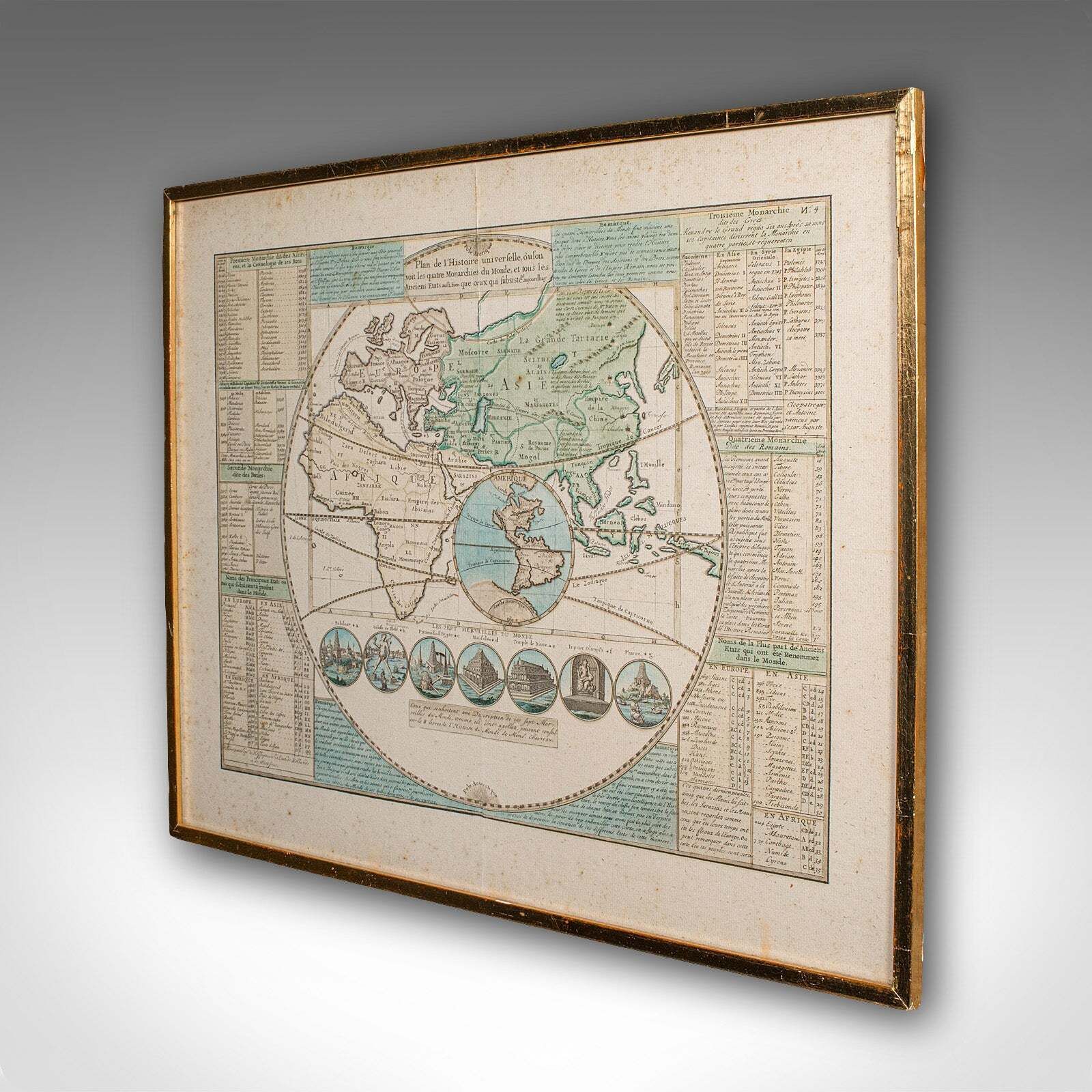 Antique Plan De L'historie Universelle World Map, Framed Cartography, Circa 1730 photo for sale