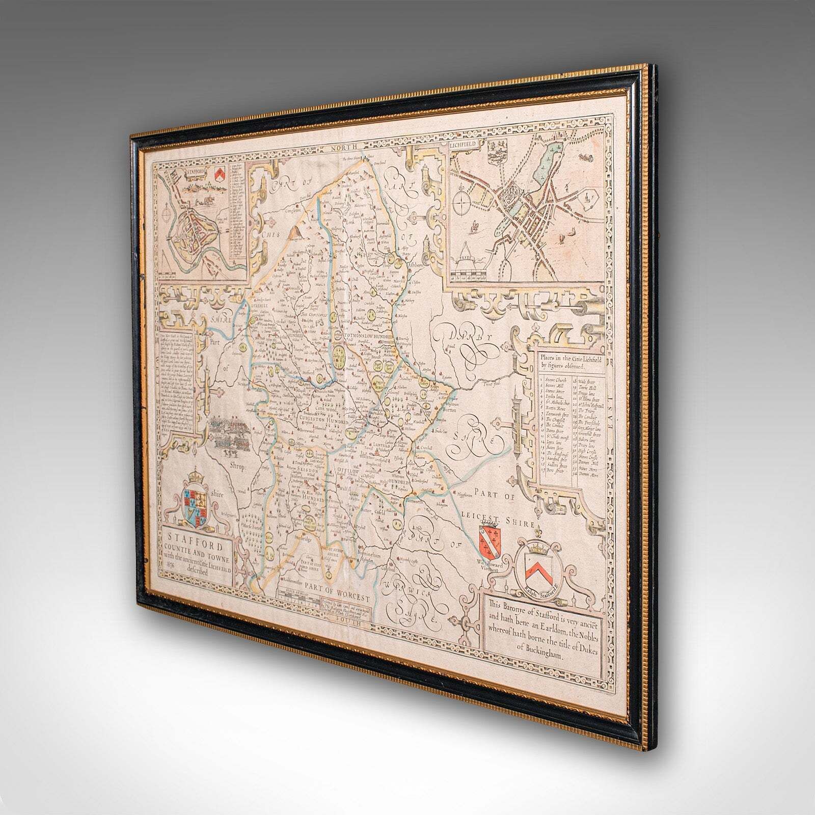 Antique Stafford County Map, English, Atlas Engraving, 17th Century, Cartography photo for sale
