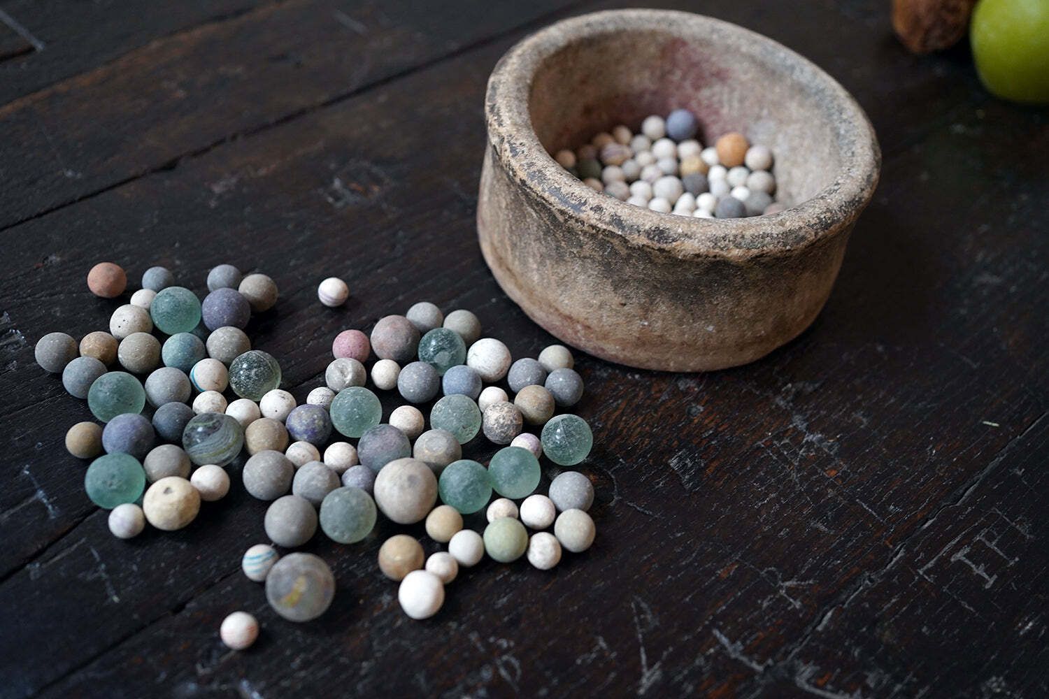 photo furniture A Late 19thc Indian Marble Bowl Containing A Collection Of Clay & Glass Marbles