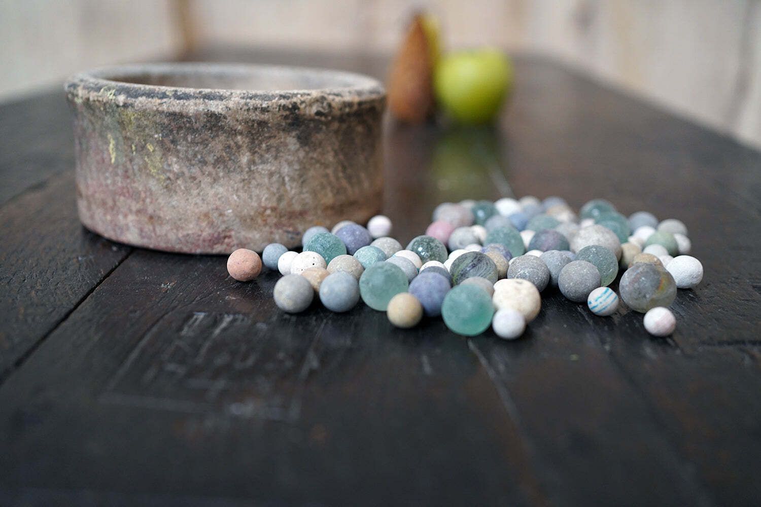 Home Decor A Late 19thc Indian Marble Bowl Containing A Collection Of Clay & Glass Marbles photo