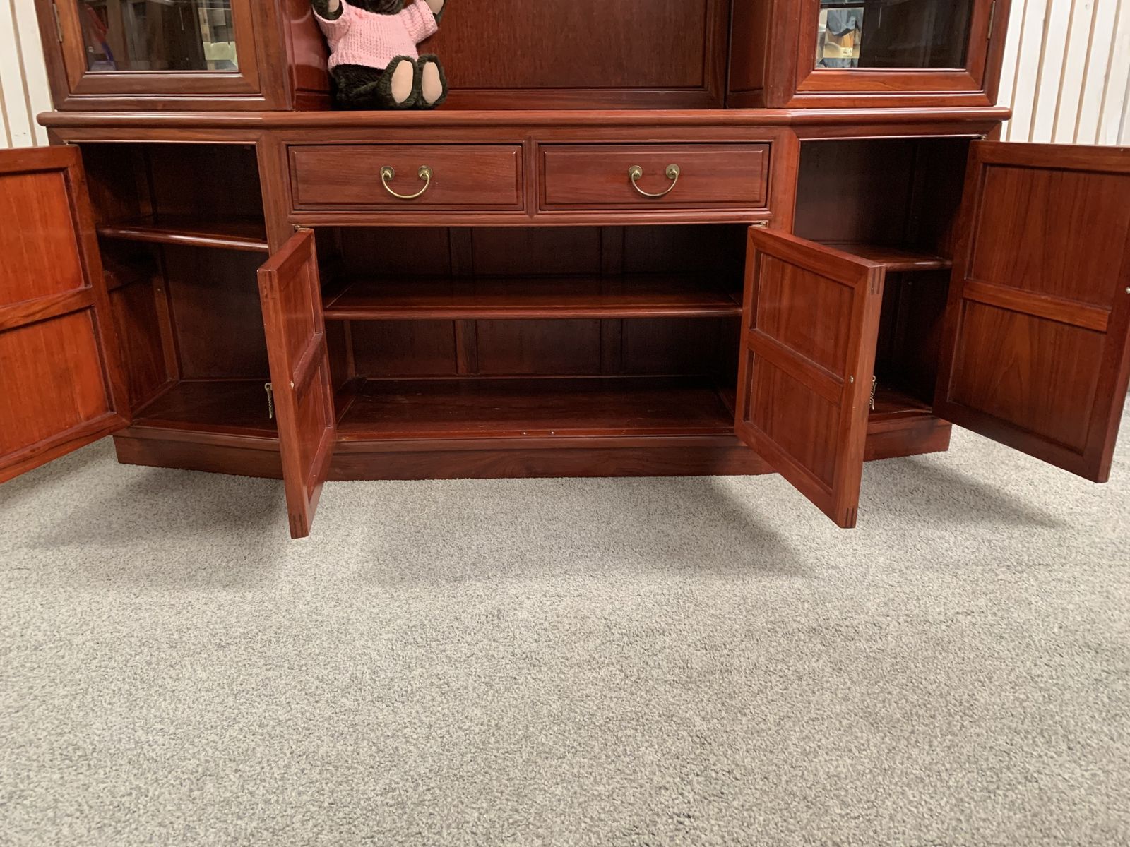 Large Oriental Hardwood Display Cabinet With Glass Doors And Shelves On The Top photo buy