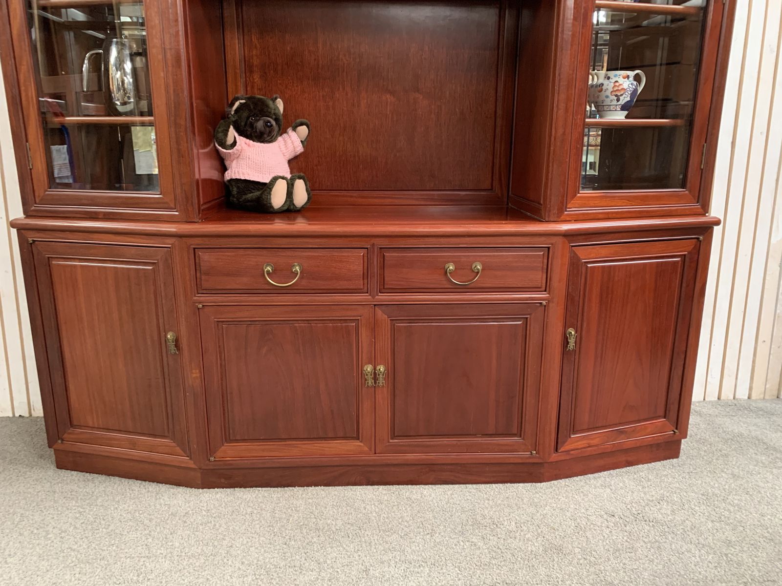 Large Oriental Hardwood Display Cabinet With Glass Doors And Shelves On The Top photo vintage