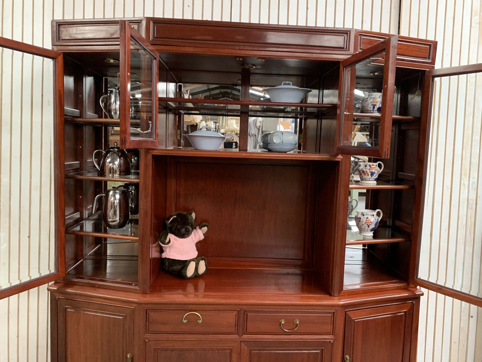 Furniture Large Oriental Hardwood Display Cabinet With Glass Doors And Shelves On The Top photo