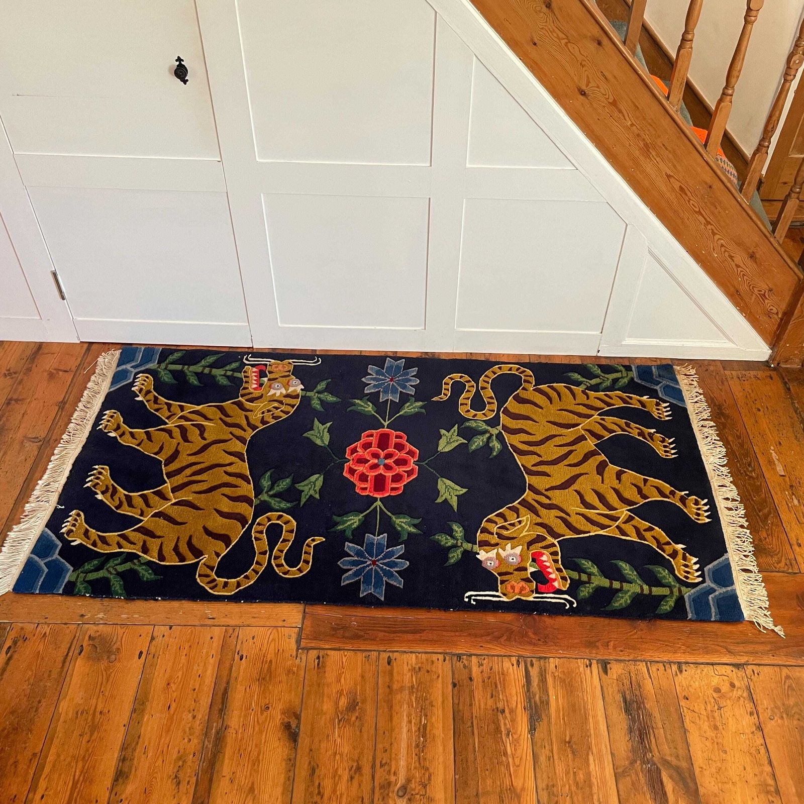 Handmade Wool Tibetan Tiger Woven Rug Rectangle Wool Vintage 195x93cm Colourful Blue Antique Hand Knotted Carpet Pattern Maximalist Nepal photo 445.0
