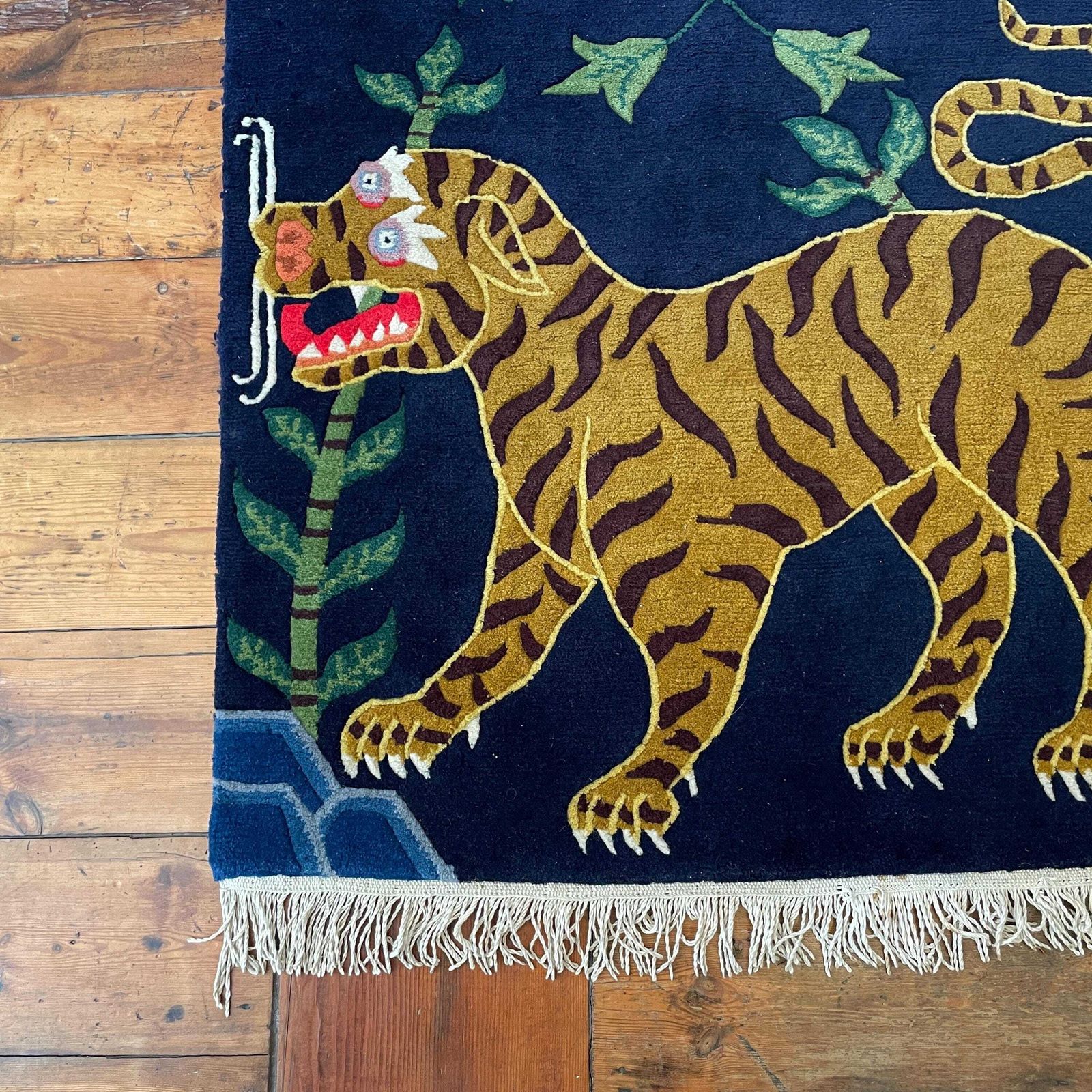 photo furniture Handmade Wool Tibetan Tiger Woven Rug Rectangle Wool Vintage 195x93cm Colourful Blue Antique Hand Knotted Carpet Pattern Maximalist Nepal