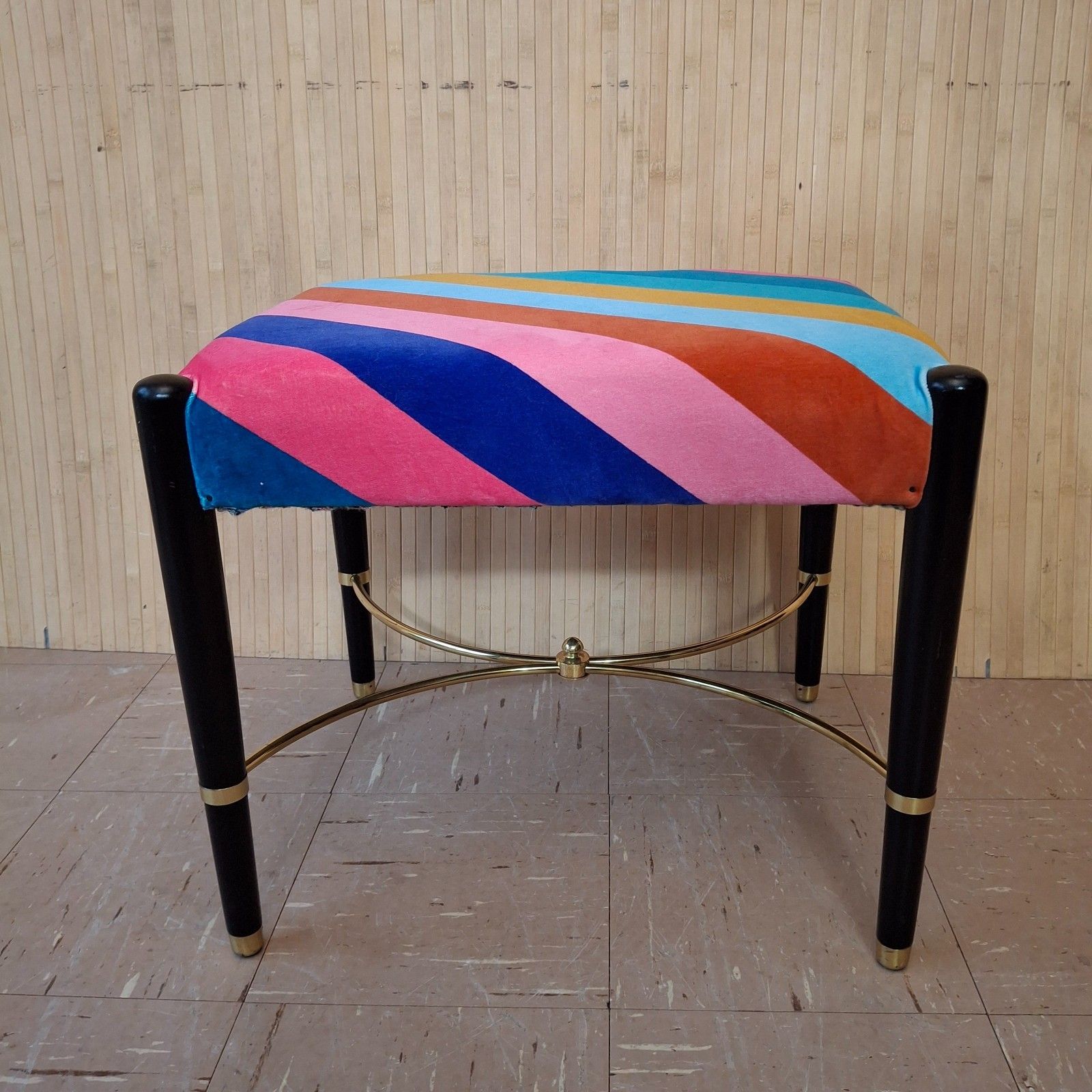 Fab Vintage Retro Upholstered Sherbet Multi Stripe Velvet Dressing Table Stool photo furniture