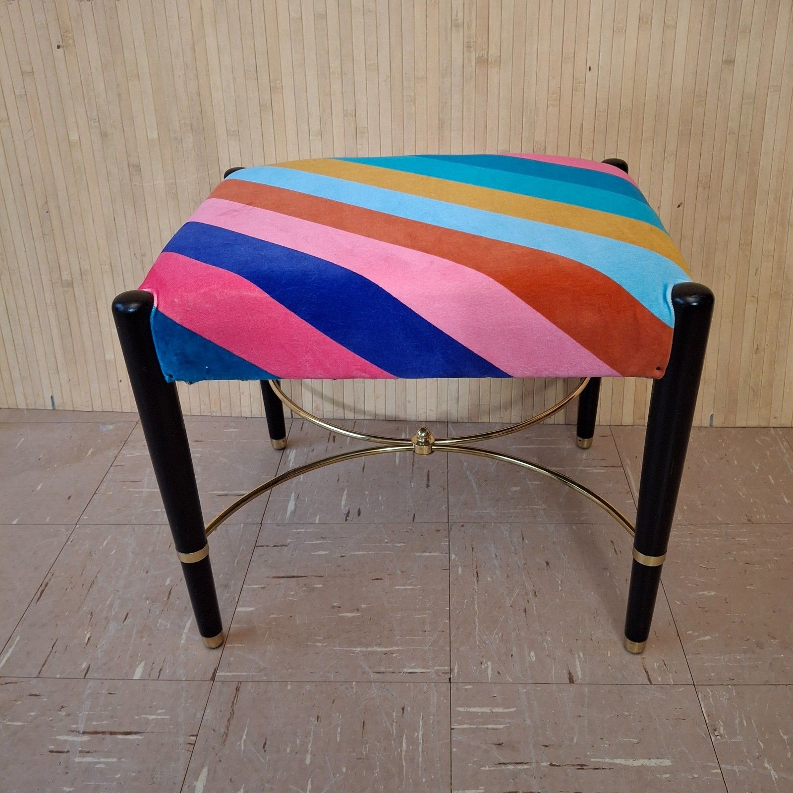 Fab Vintage Retro Upholstered Sherbet Multi Stripe Velvet Dressing Table Stool photo for sale