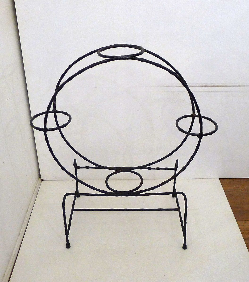 Round Openwork 4 Plant Stand In Black Wrought Iron, 1960s