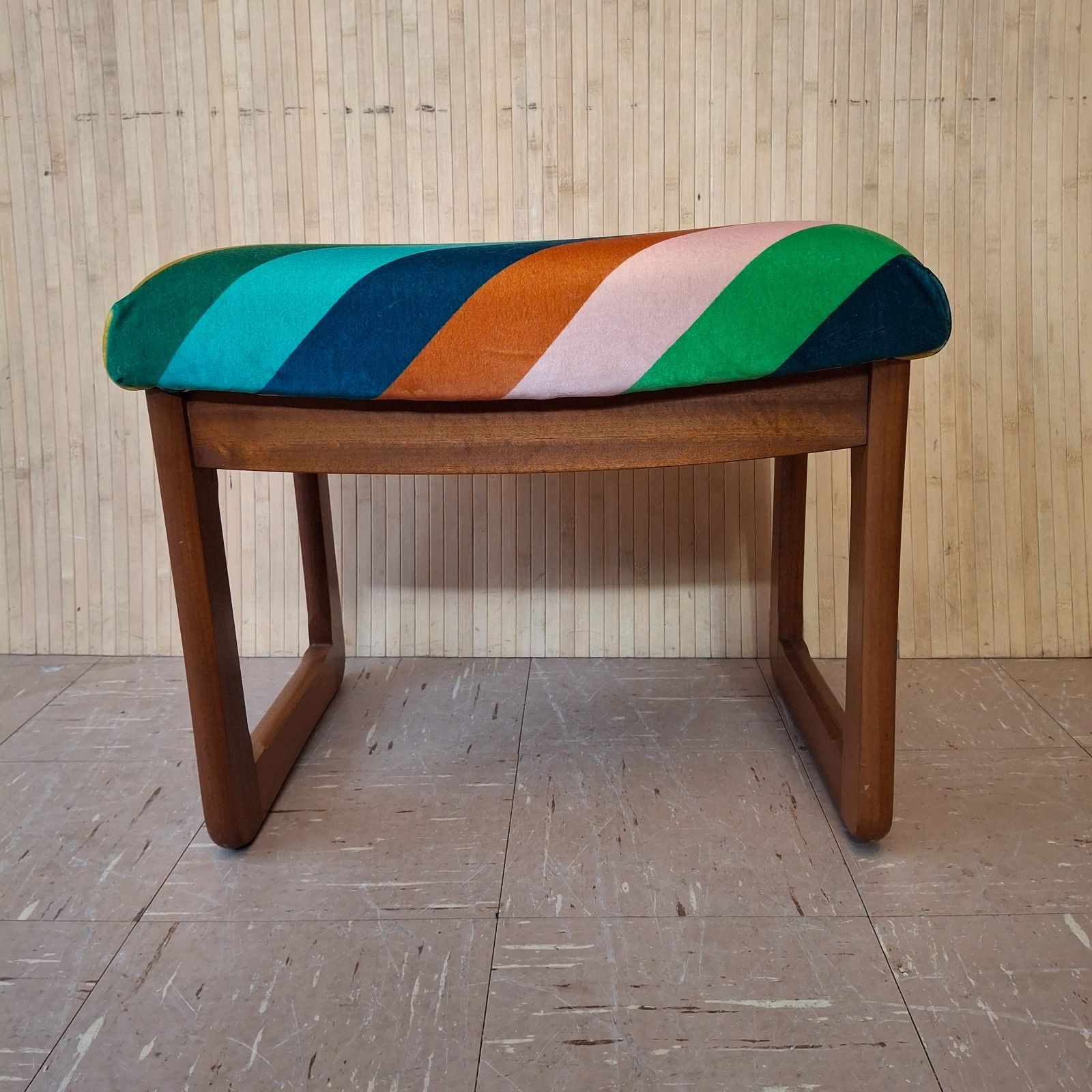 Fab Vintage Retro Mcm Upholstered Multi Stripe Velvet Teak Dressing Table Stool photo furniture