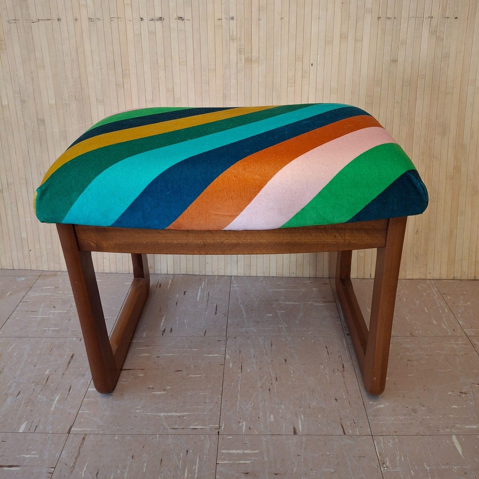 Fab Vintage Retro Mcm Upholstered Multi Stripe Velvet Teak Dressing Table Stool photo for sale