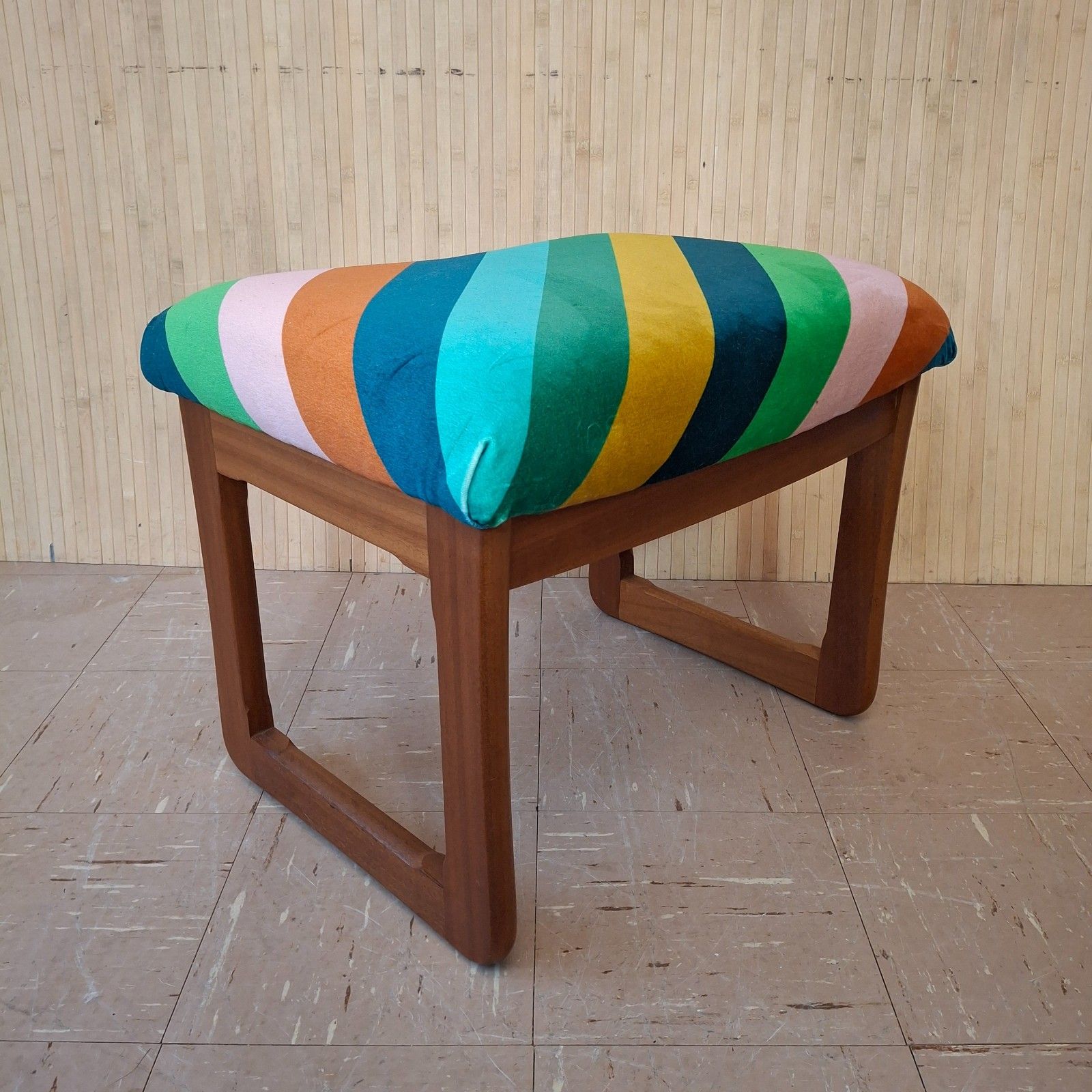 photo furniture Fab Vintage Retro Mcm Upholstered Multi Stripe Velvet Teak Dressing Table Stool