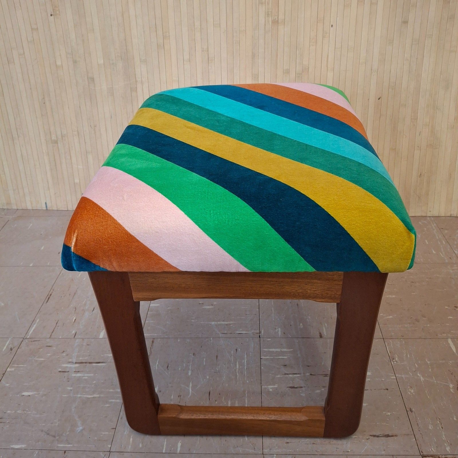 photo vinterior Fab Vintage Retro Mcm Upholstered Multi Stripe Velvet Teak Dressing Table Stool