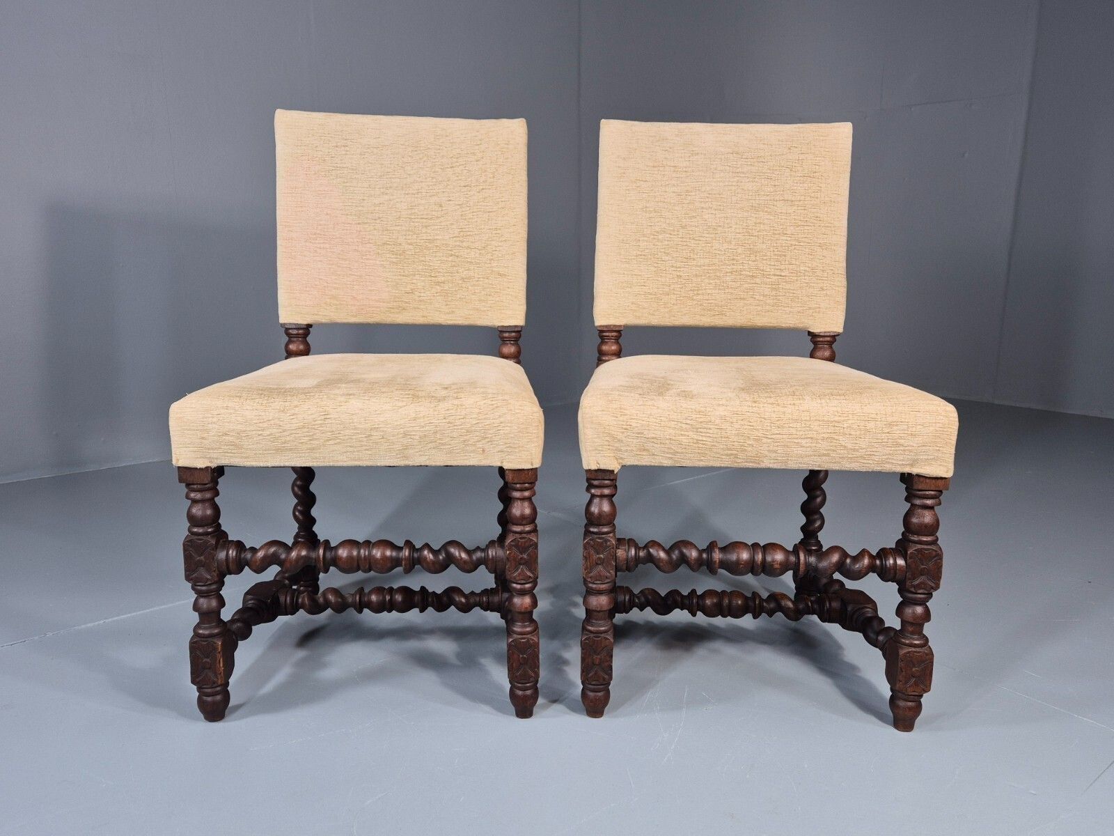 2 Baroque Dining Chairs In Oak Barley Twist H Stretchers Antique Eb11425 Vdin photo for sale