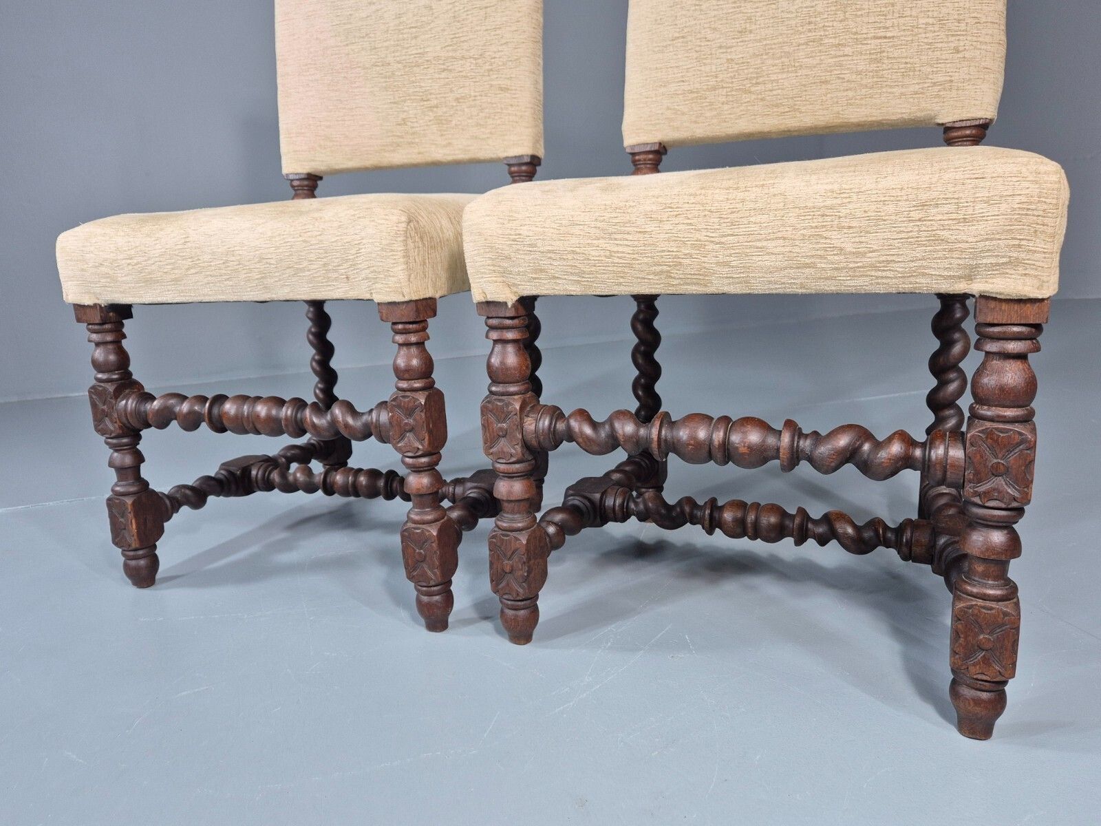 2 Baroque Dining Chairs In Oak Barley Twist H Stretchers Antique Eb11425 Vdin photo 150.0
