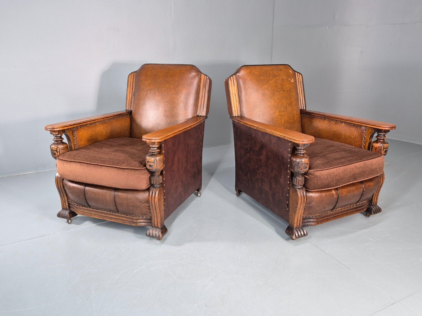 2 Edwardian Lounge Chairs Baroque Oak Frame Rexine And Velour Eb11264 Vlea photo furniture