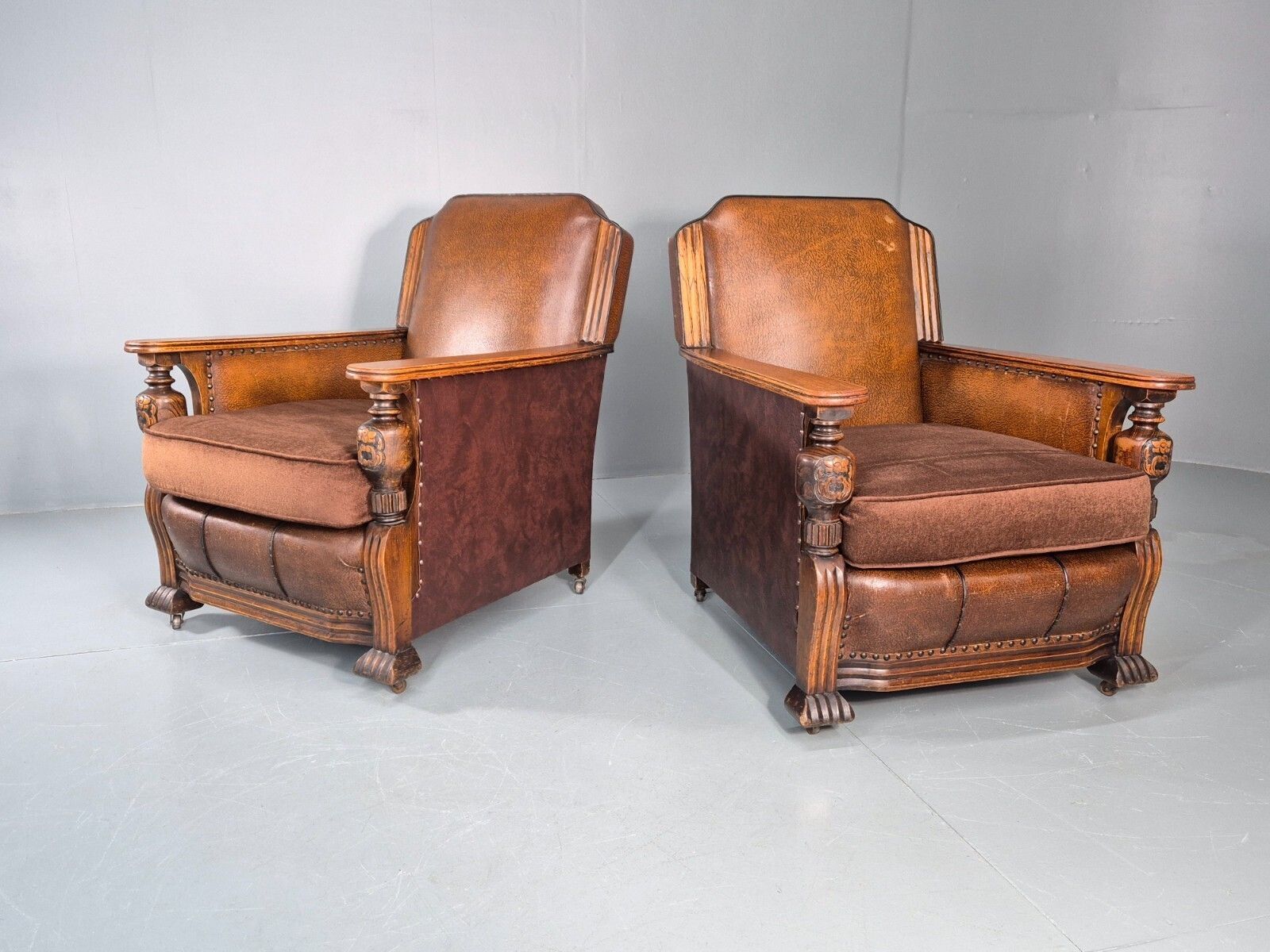 2 Edwardian Lounge Chairs Baroque Oak Frame Rexine And Velour Eb11264 Vlea photo for sale