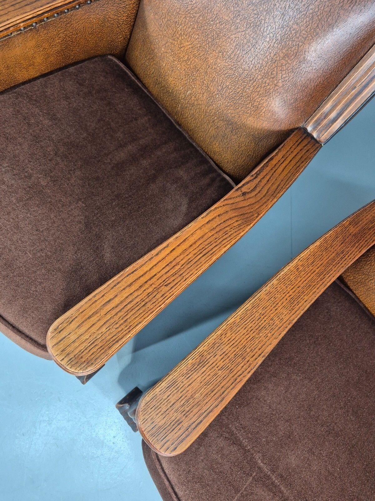 2 Edwardian Lounge Chairs Baroque Oak Frame Rexine And Velour Eb11264 Vlea photo vinterior