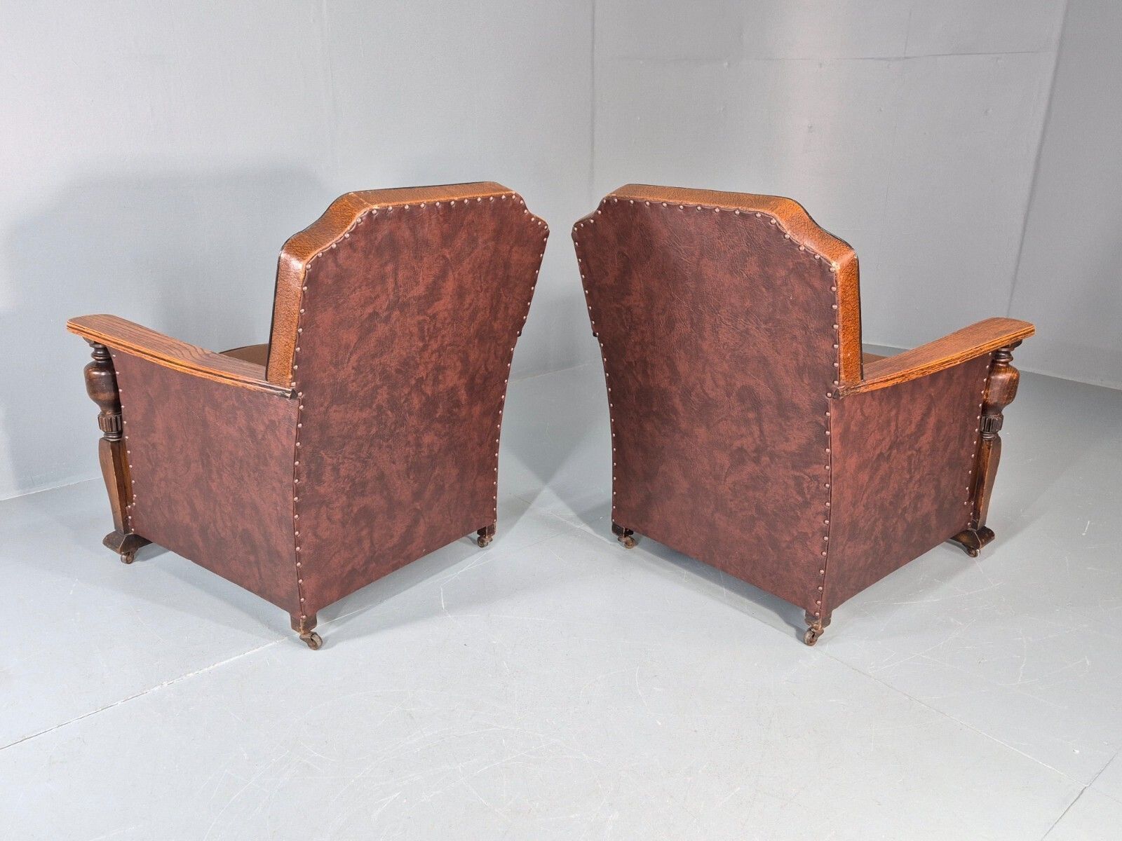 photo vintage 2 Edwardian Lounge Chairs Baroque Oak Frame Rexine And Velour Eb11264 Vlea