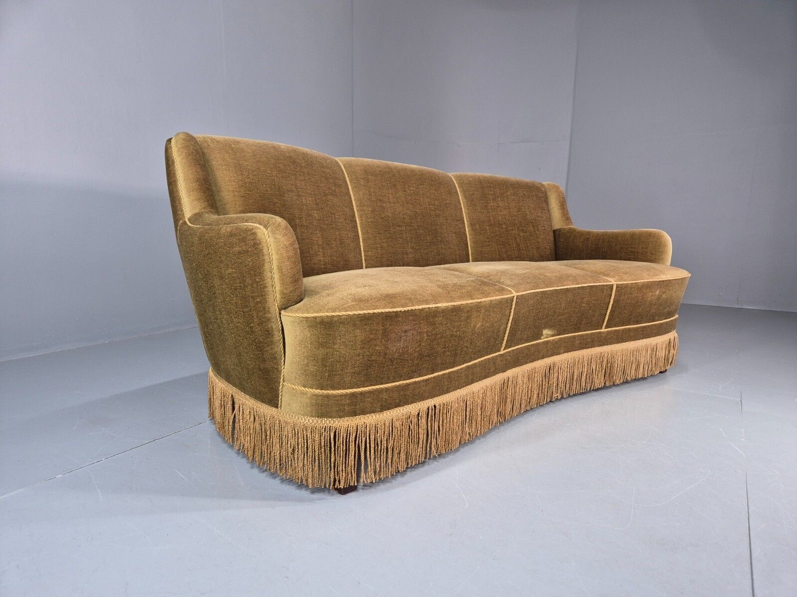 Vintage Danish  Banana Sofa Green Velour Tassels 1960s Retro Mcm  Eb10802 V3ss photo furniture