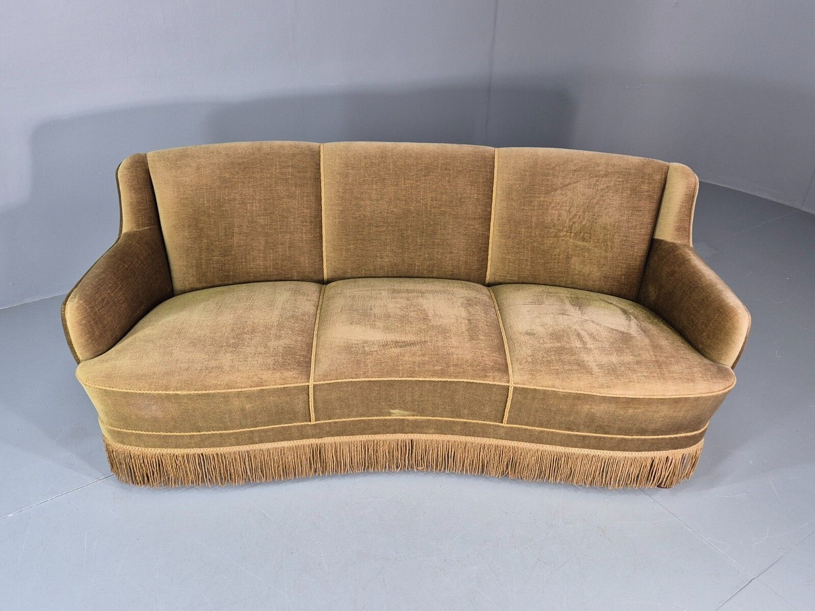 Vintage Danish  Banana Sofa Green Velour Tassels 1960s Retro Mcm  Eb10802 V3ss photo 750.0