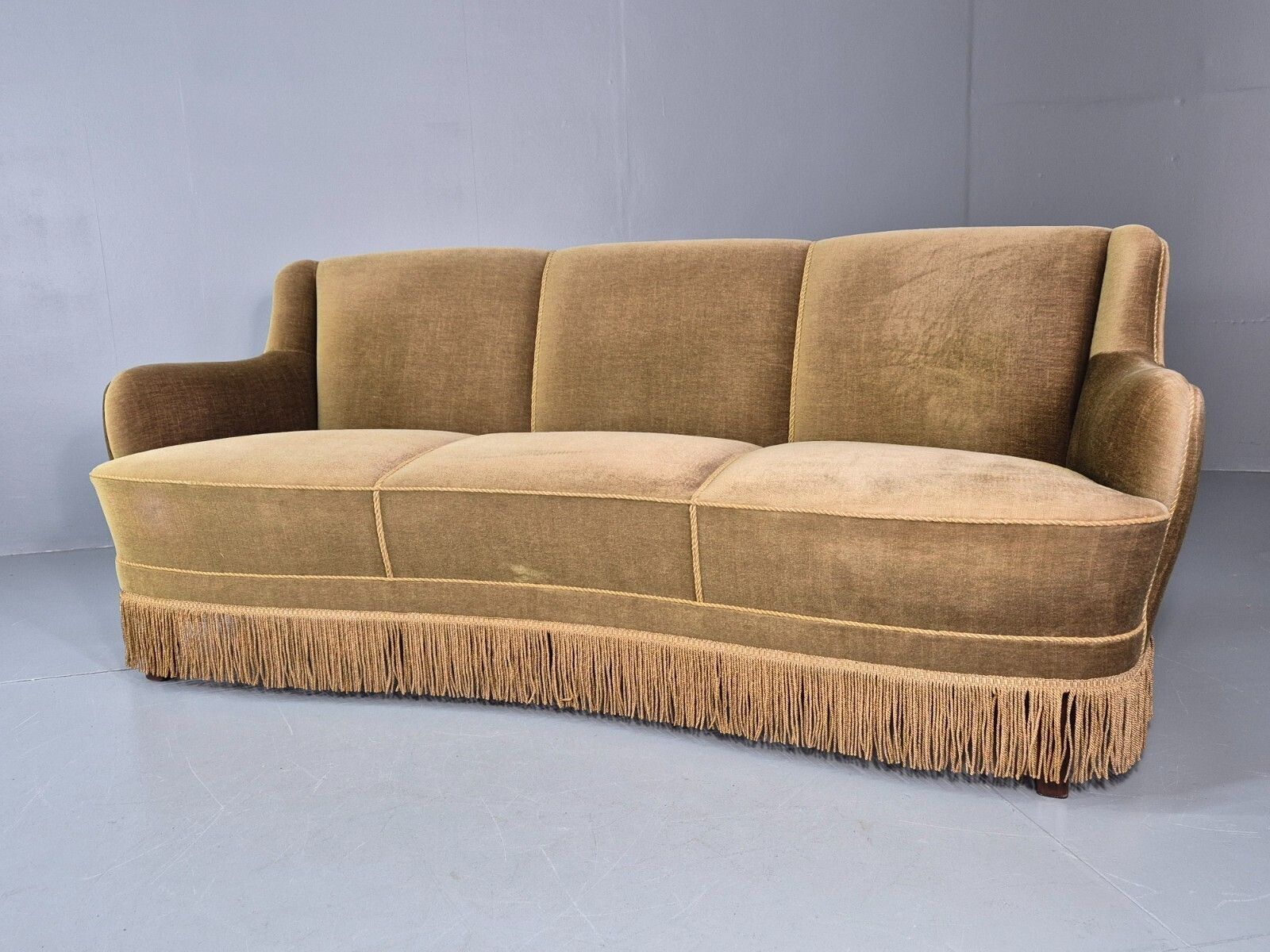 Vintage Danish  Banana Sofa Green Velour Tassels 1960s Retro Mcm  Eb10802 V3ss photo buy