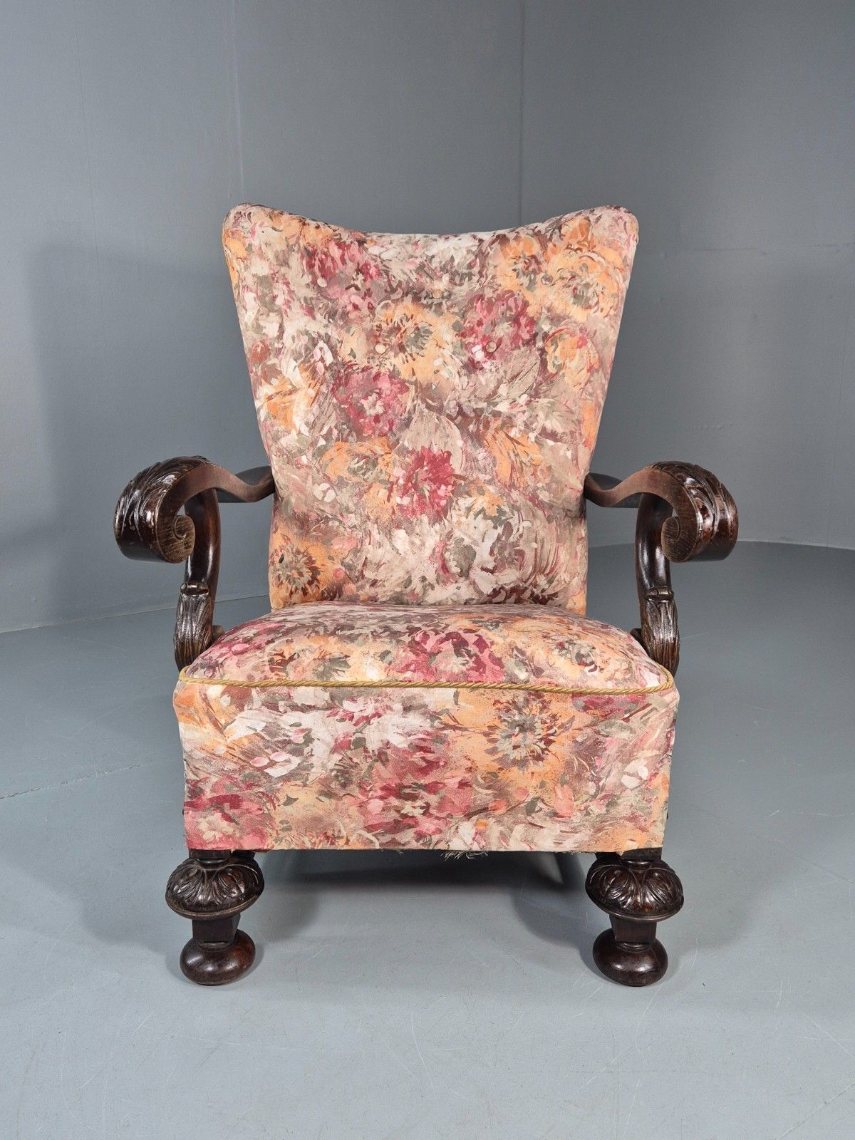 Vintage Carved Oak Chair Floral Fabric 1940s Traditional Curved Eb10752 Vcar photo furniture