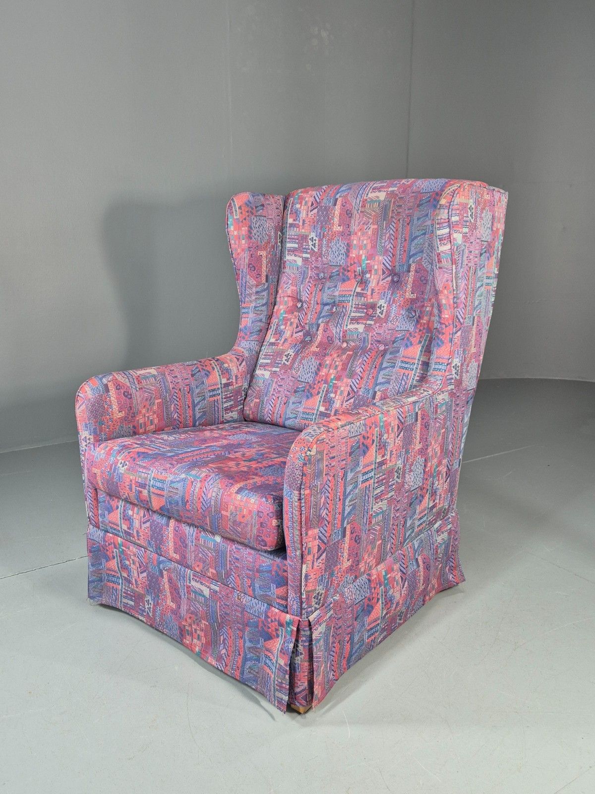 Vintage Danish Wingback Chair 1980s Retro Geometric Cotton Weave Eb11291 Mnor