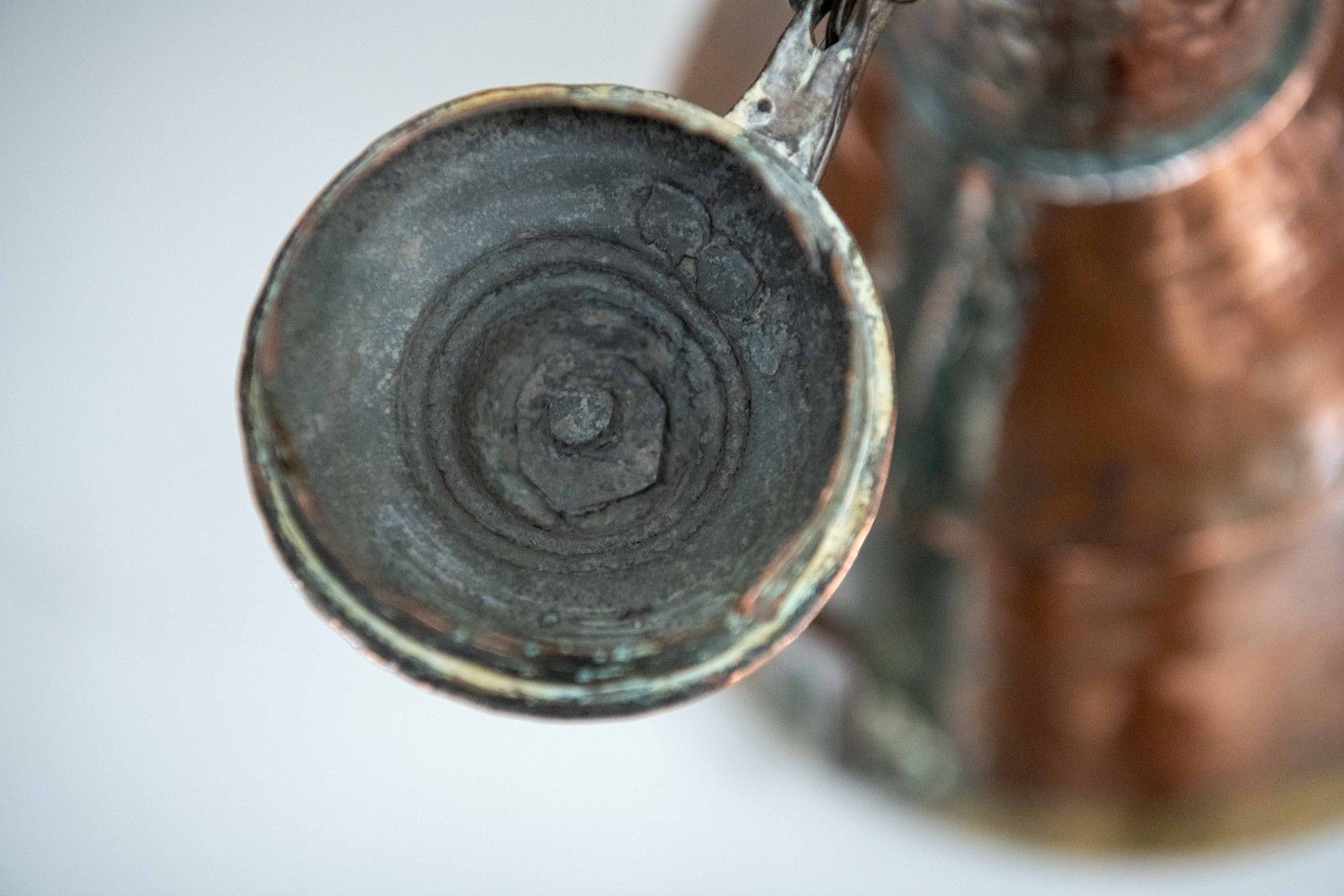 photo for sale Large 18th Century English Hand Raised Copper Ale Jug With Lid – Initialled “Nh”