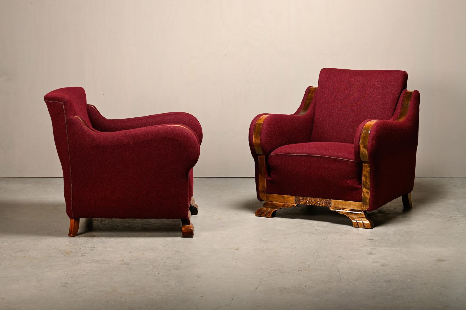 Pair Danish Cabinetmaker Art Deco Armchairs In Burgundy Wool Fabric photo for sale