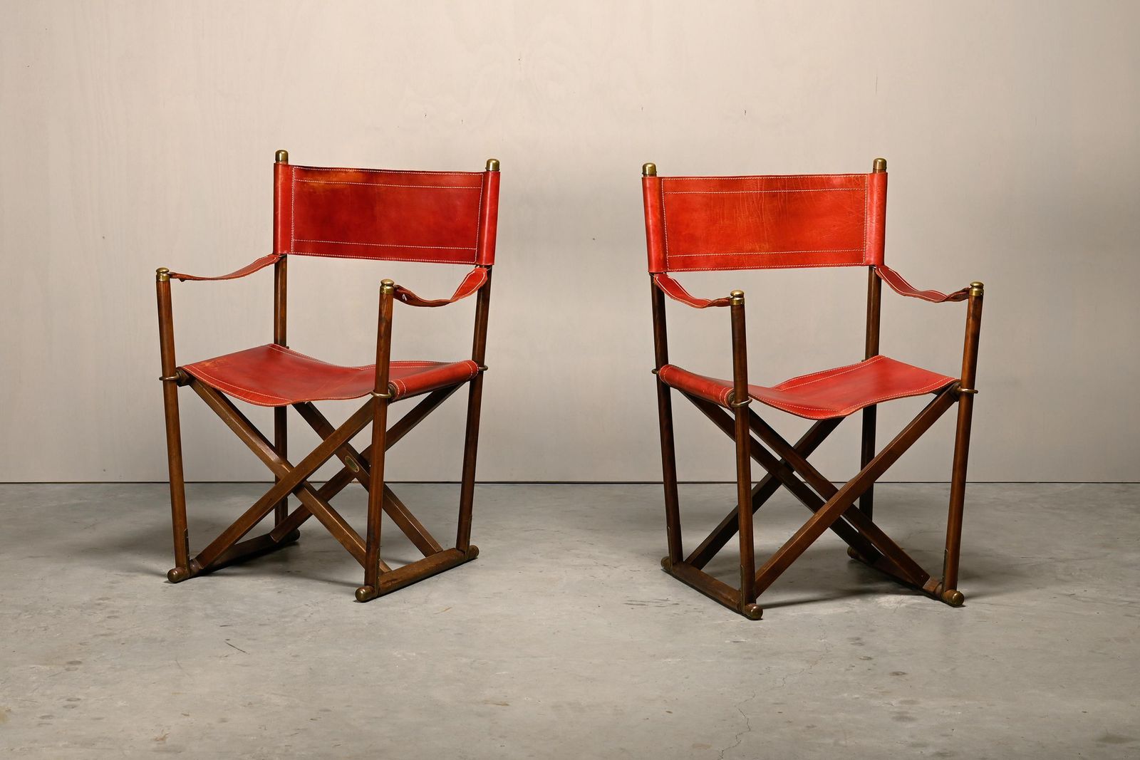 Pair Mogens Koch Mk 16 Folding Chair In Oak Wood With Red Leather For Valmazan photo for sale