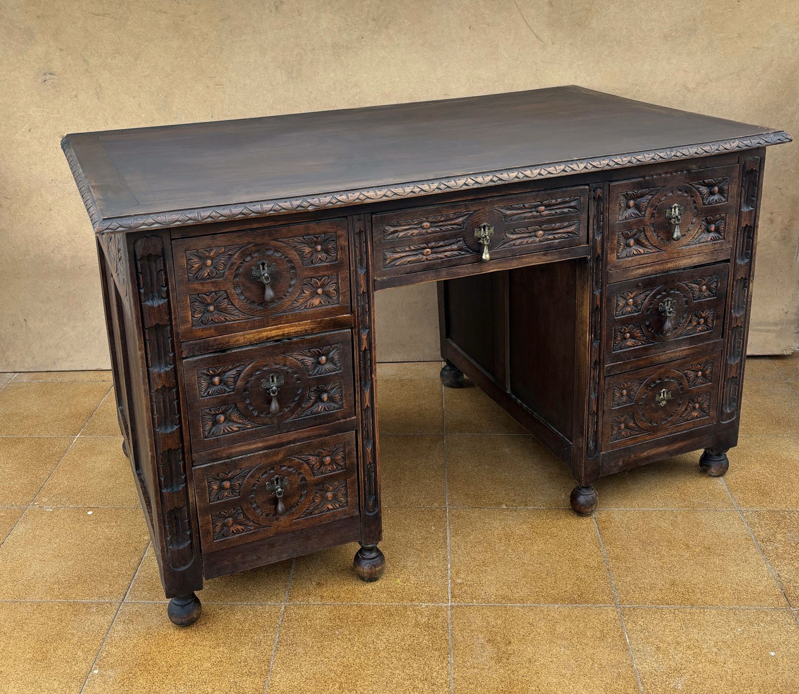 Antique Spanish Carved Oak Desk, Early 20th Century photo furniture