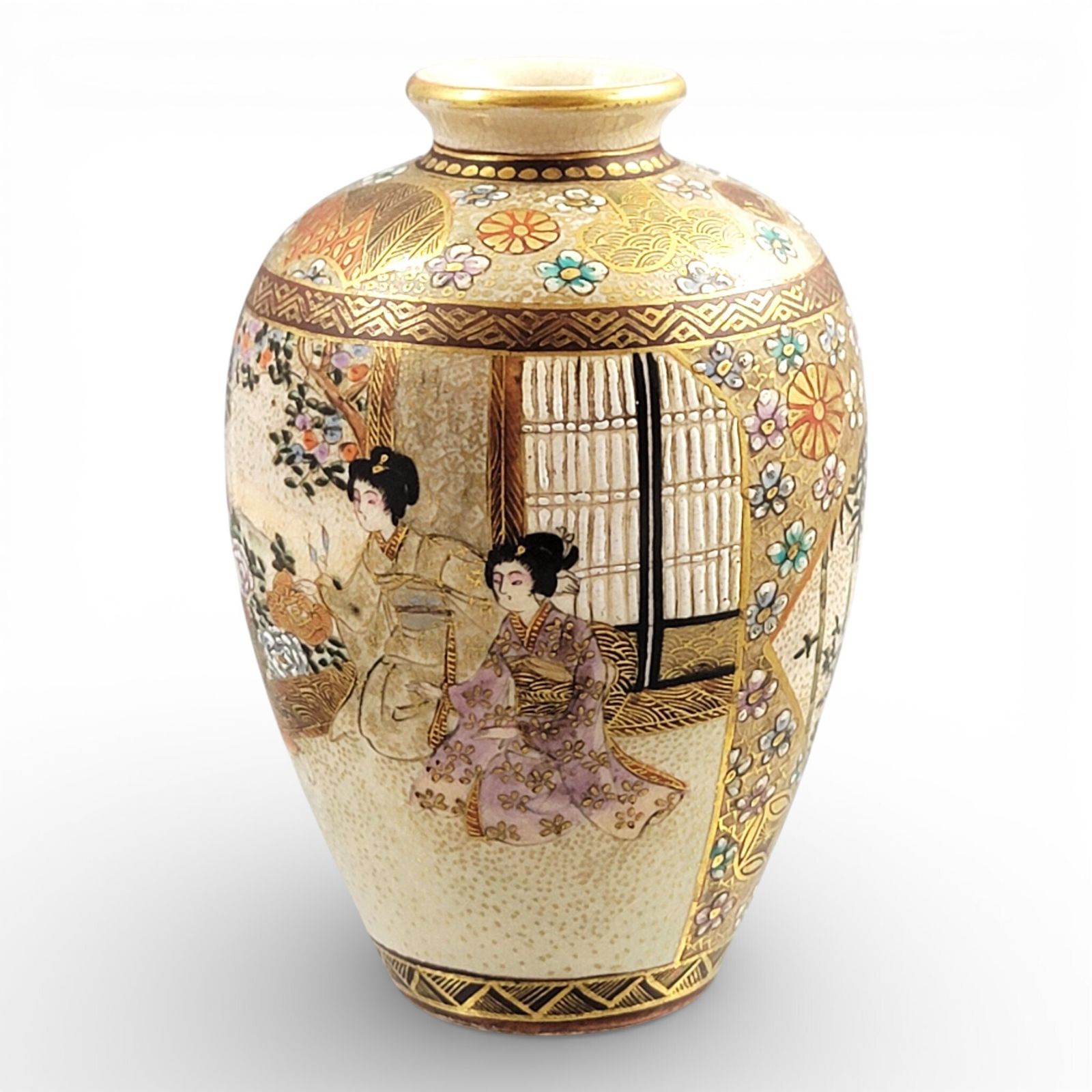 Antique Japanese Meiji Period Satsuma Vase By Shuzan With Stippled Gold (C. 1900) photo Home Decor
