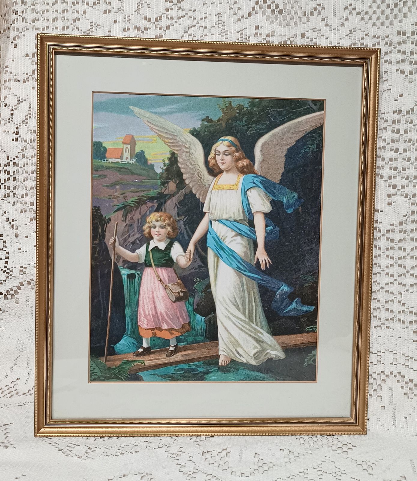 Antique Chromolithograph The Guardian Angel And Child Framed.